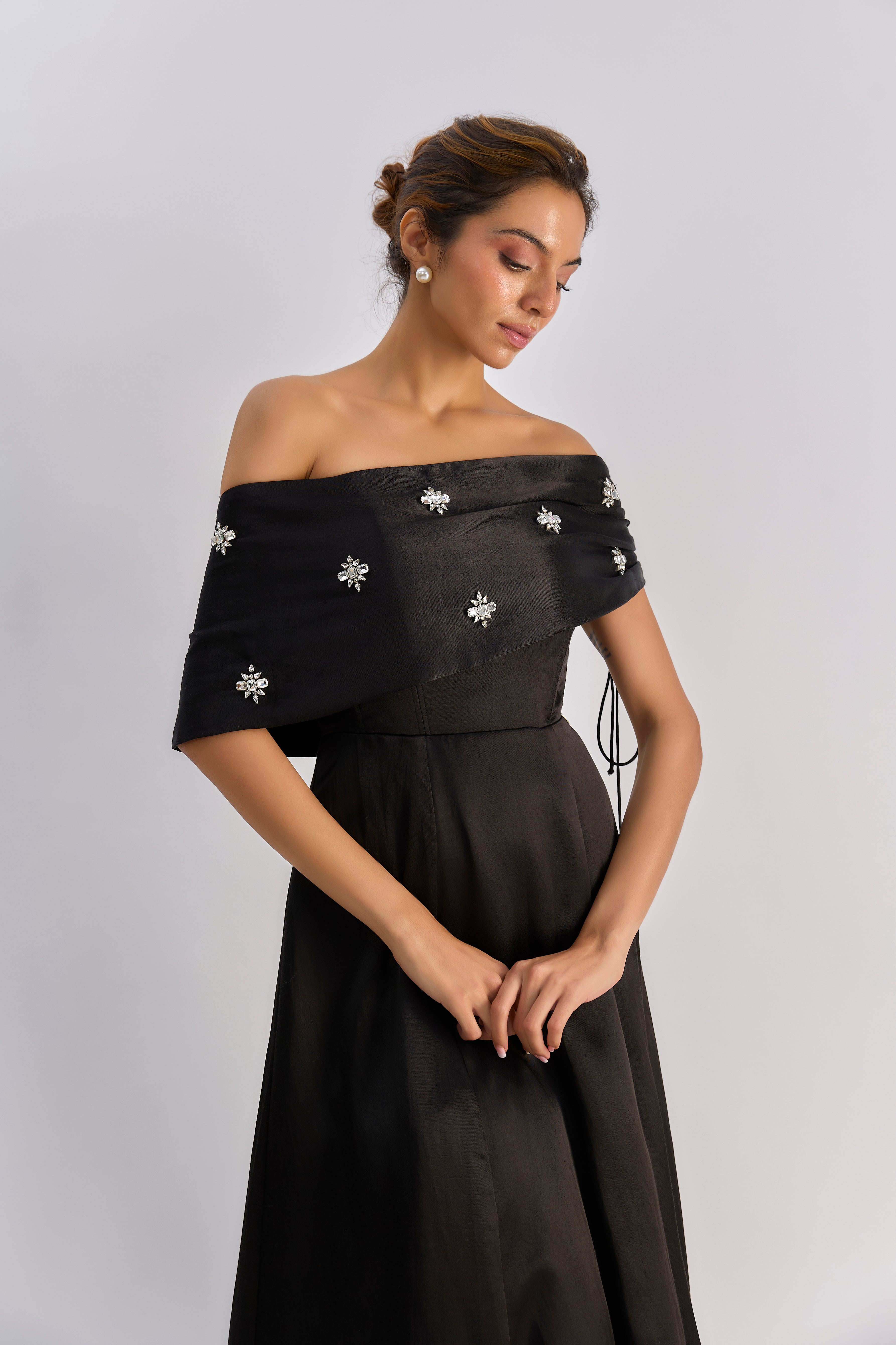 Black off shoulder embellished flayered dress