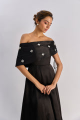 Black off shoulder embellished flayered dress