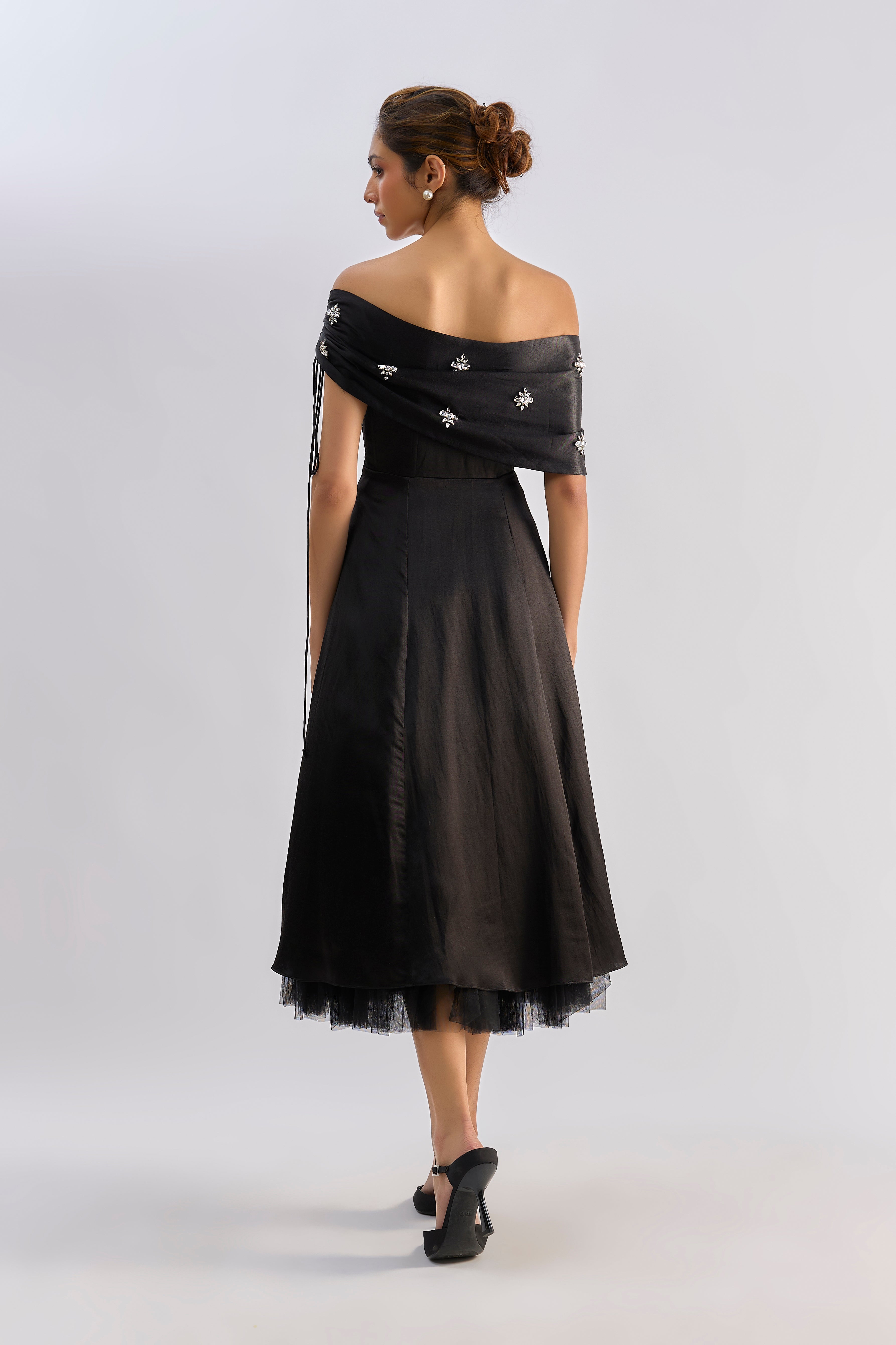 Black off shoulder embellished flayered dress