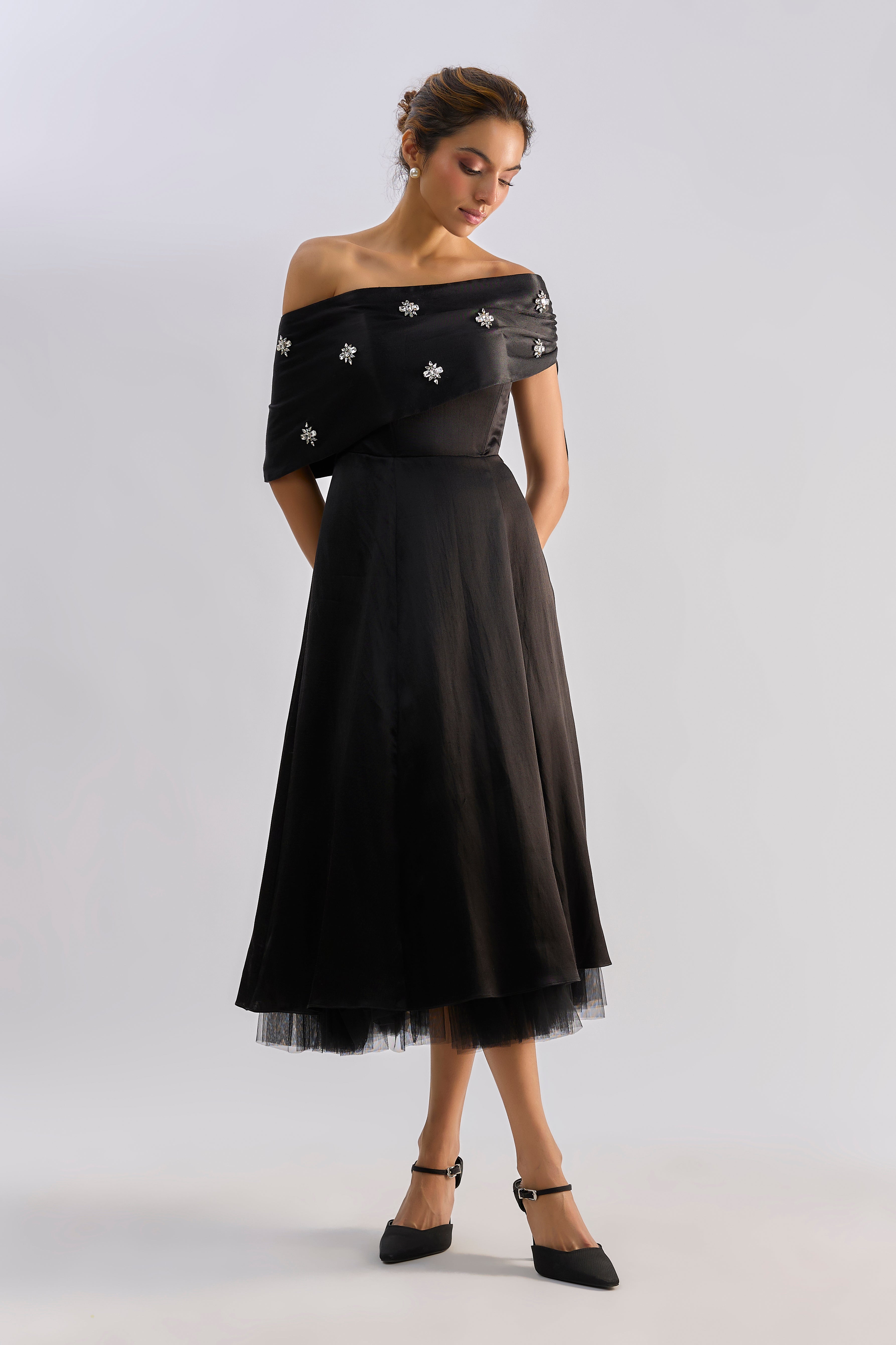 Black off shoulder embellished flayered dress