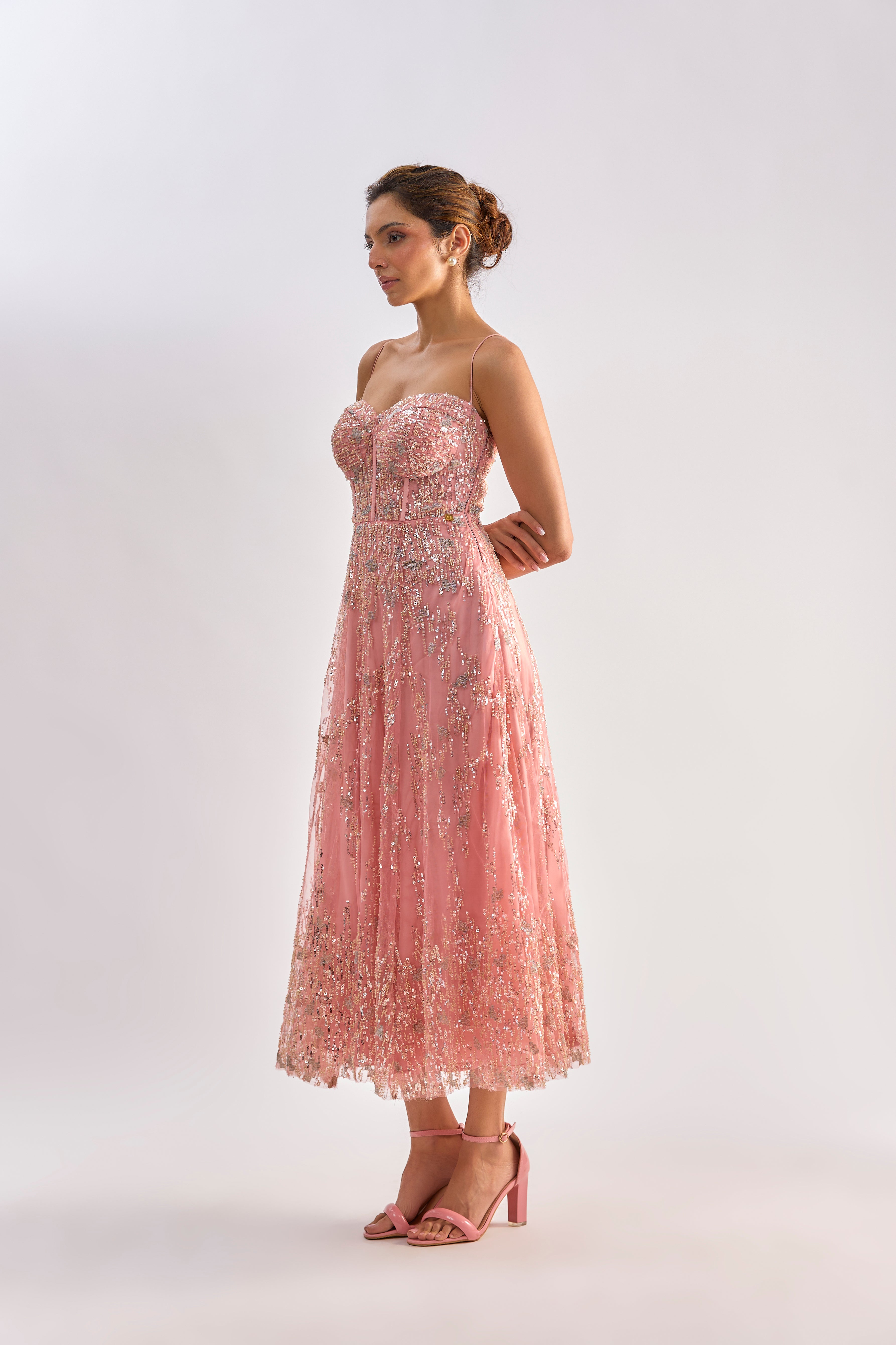 Pink embellished corset flayered dress with jacket