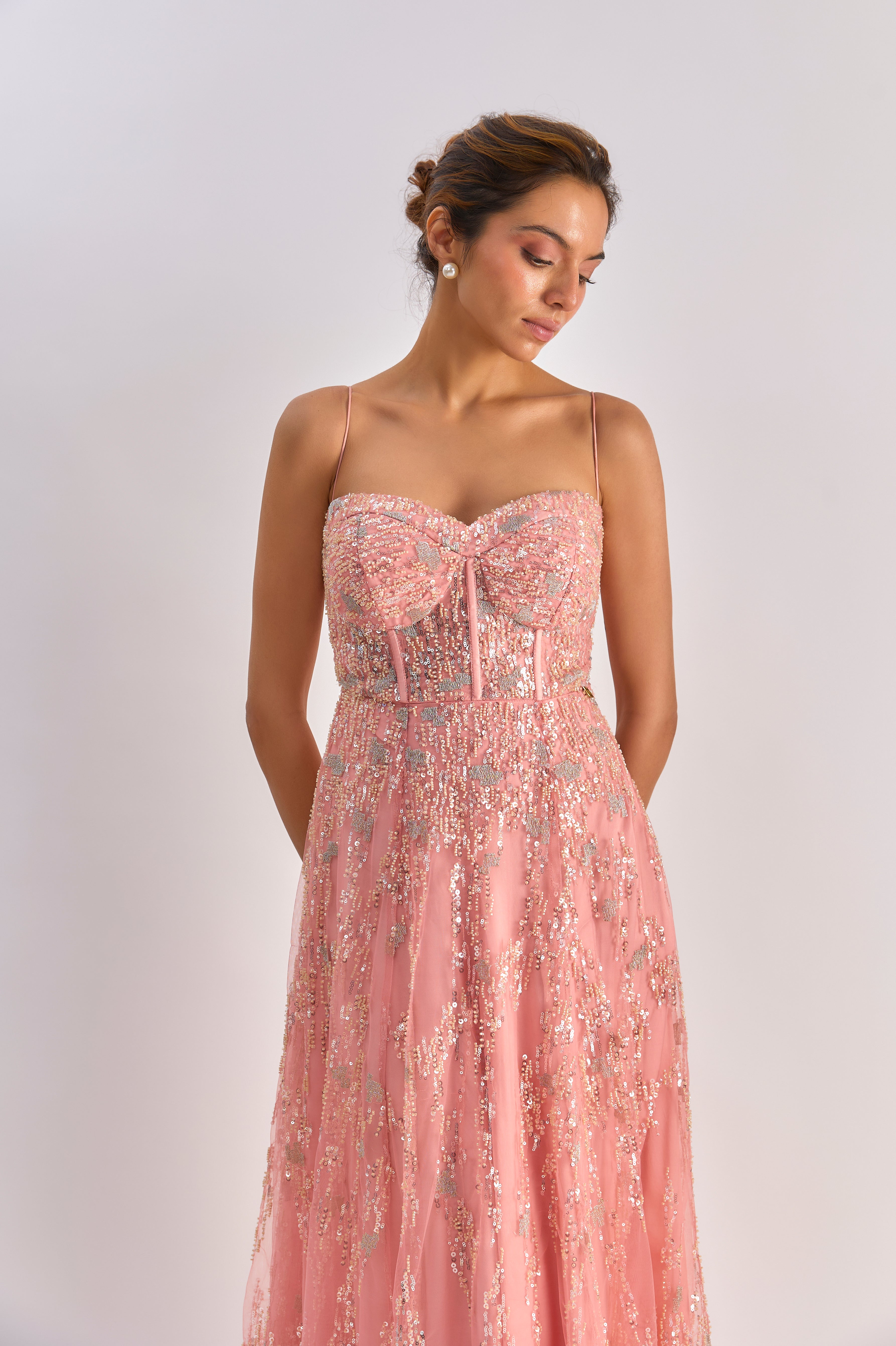 Pink embellished corset flayered dress with jacket