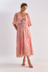 Pink embellished corset flayered dress with jacket