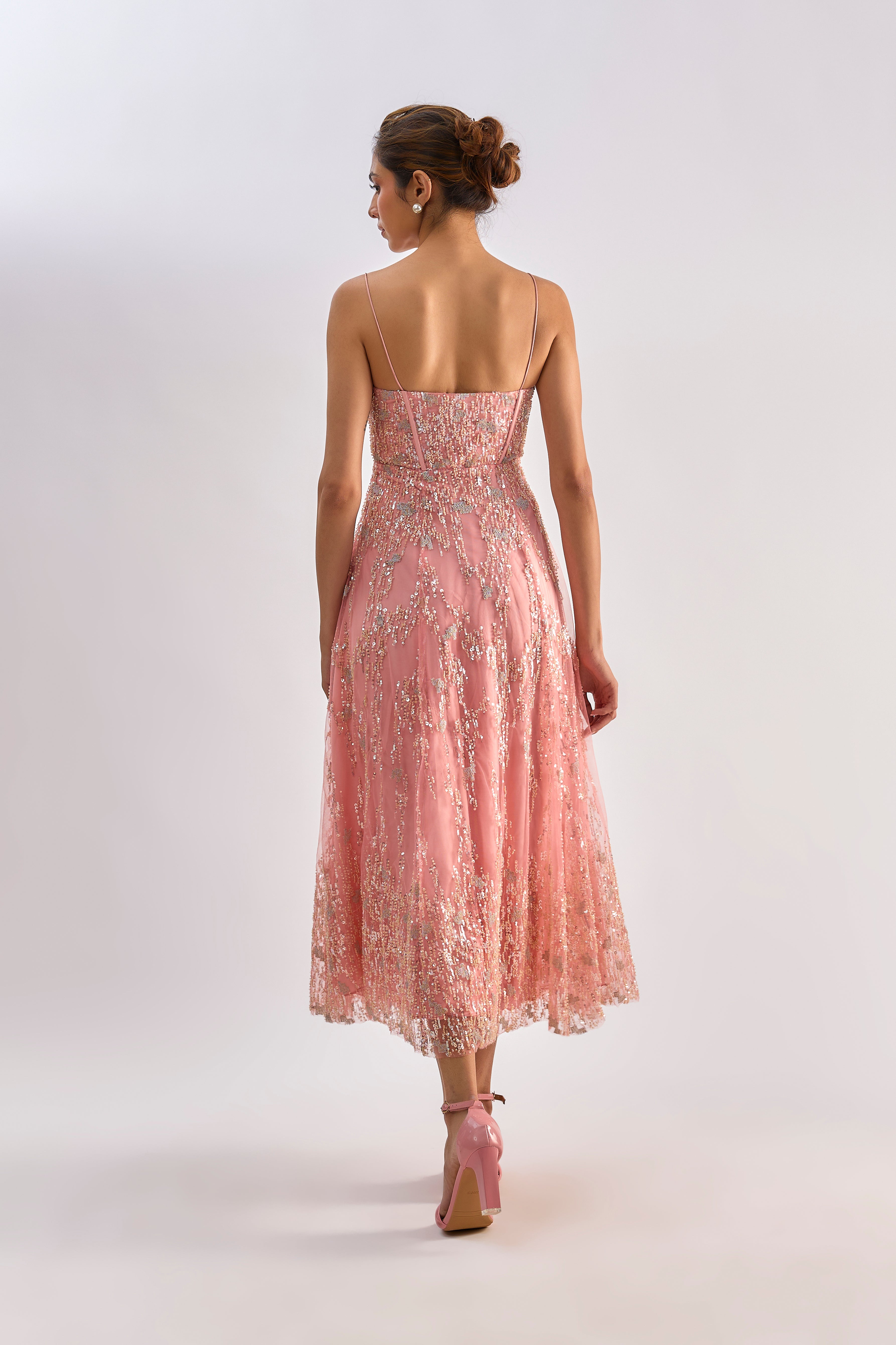 Pink embellished corset flayered dress with jacket