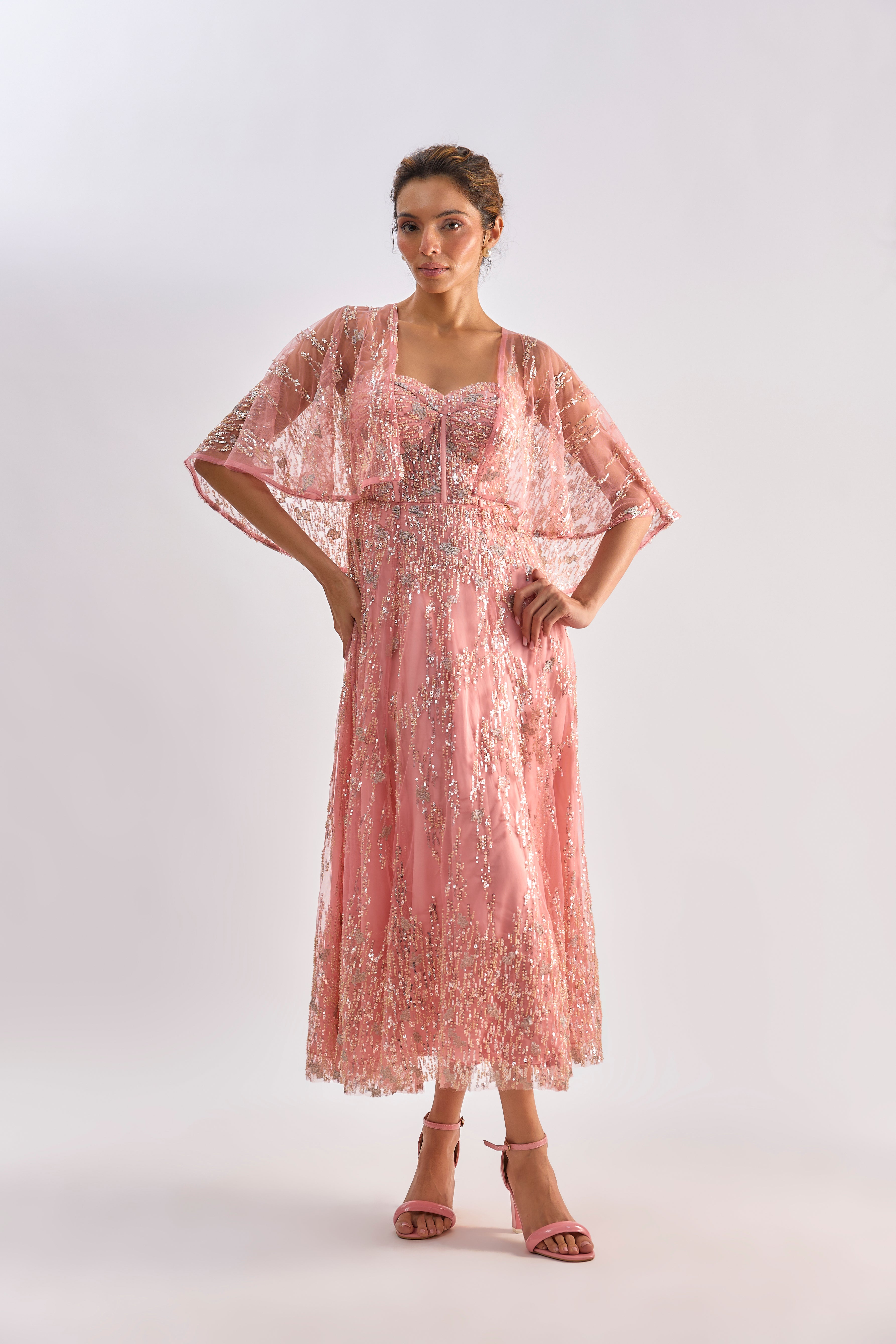 Pink embellished corset flayered dress with jacket