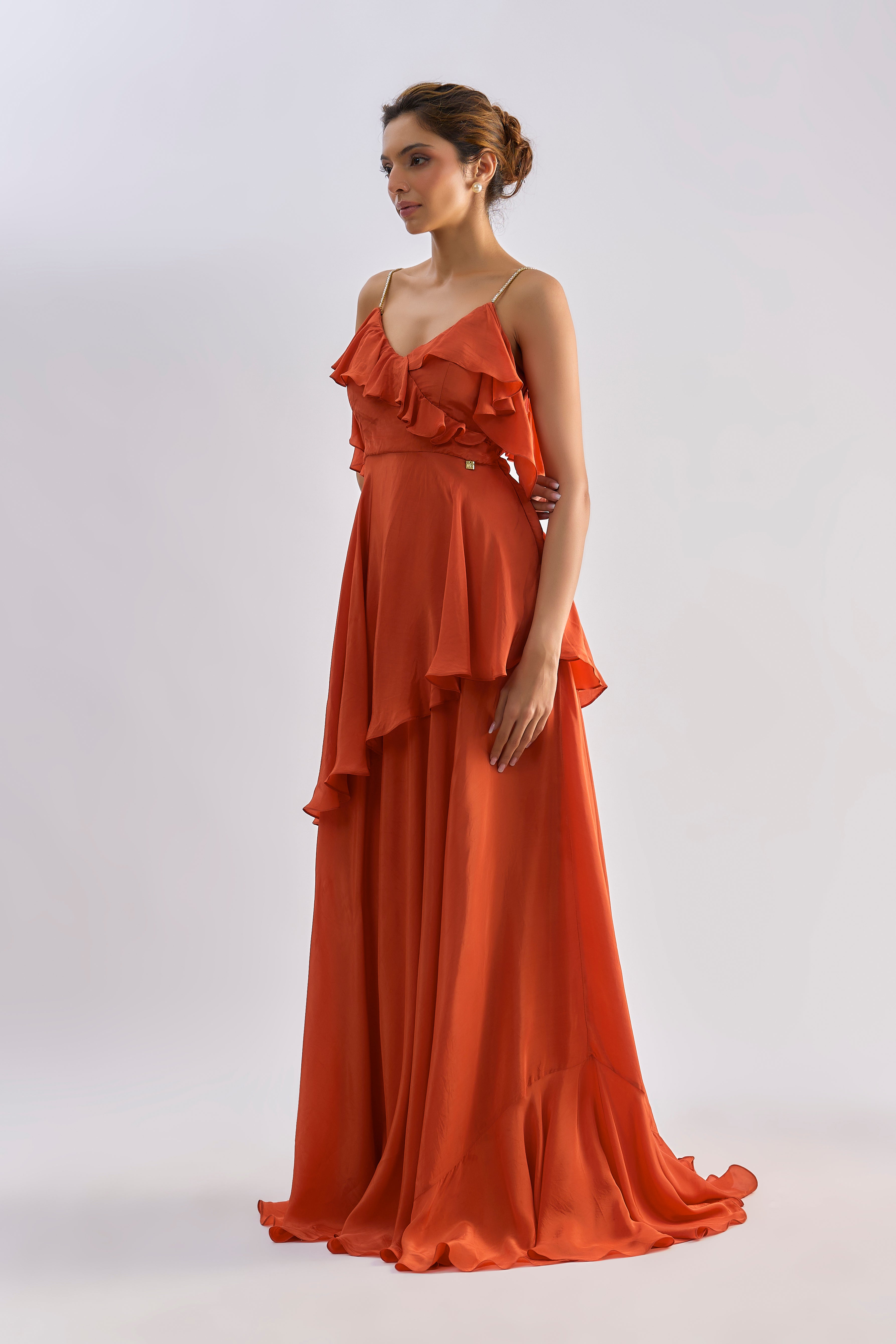 Rust embellished ruffle slip gown
