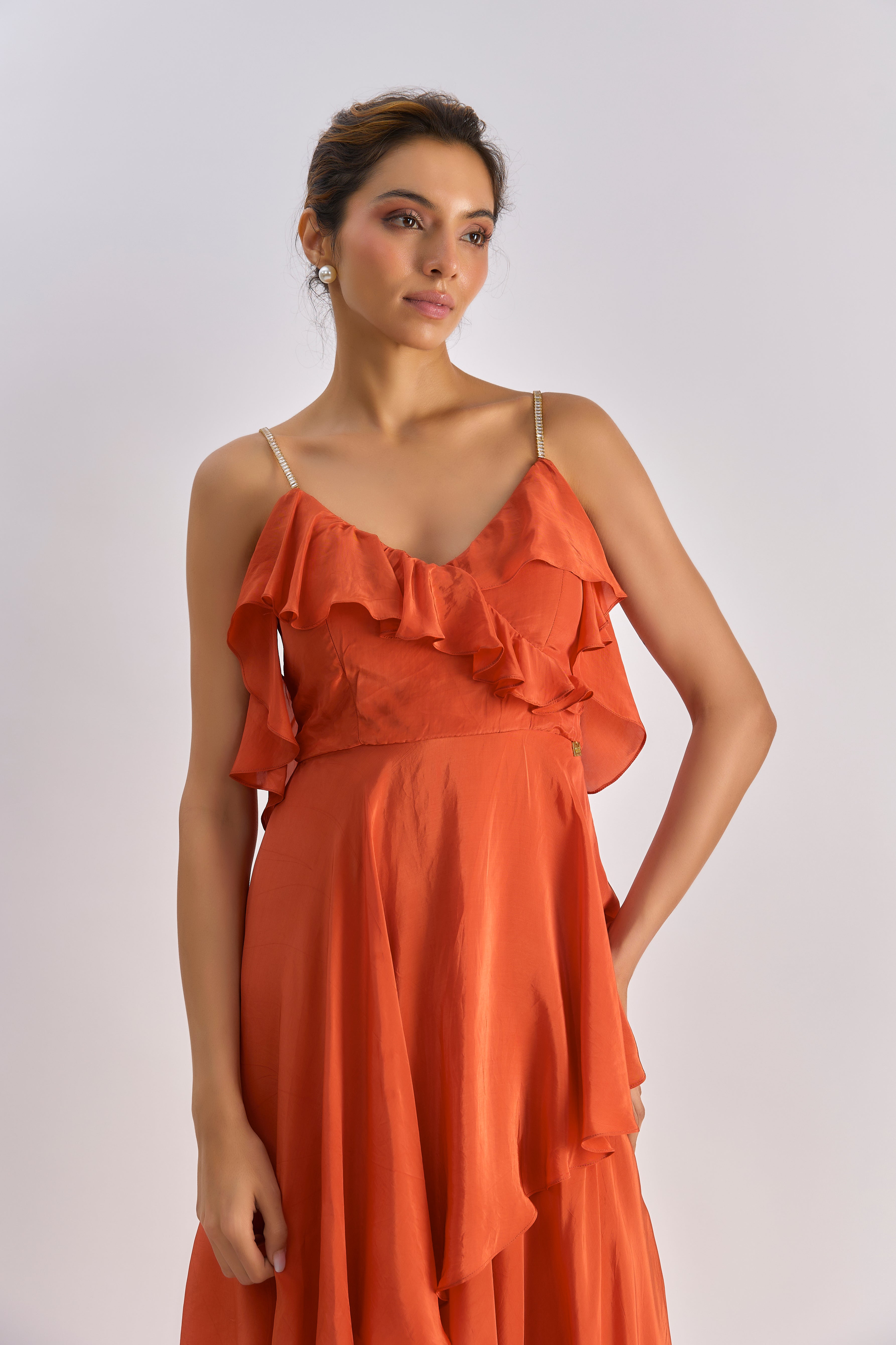 Rust embellished ruffle slip gown