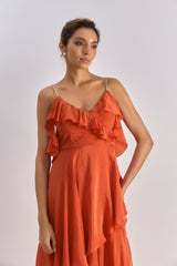 Rust embellished ruffle slip gown