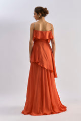 Rust embellished ruffle slip gown