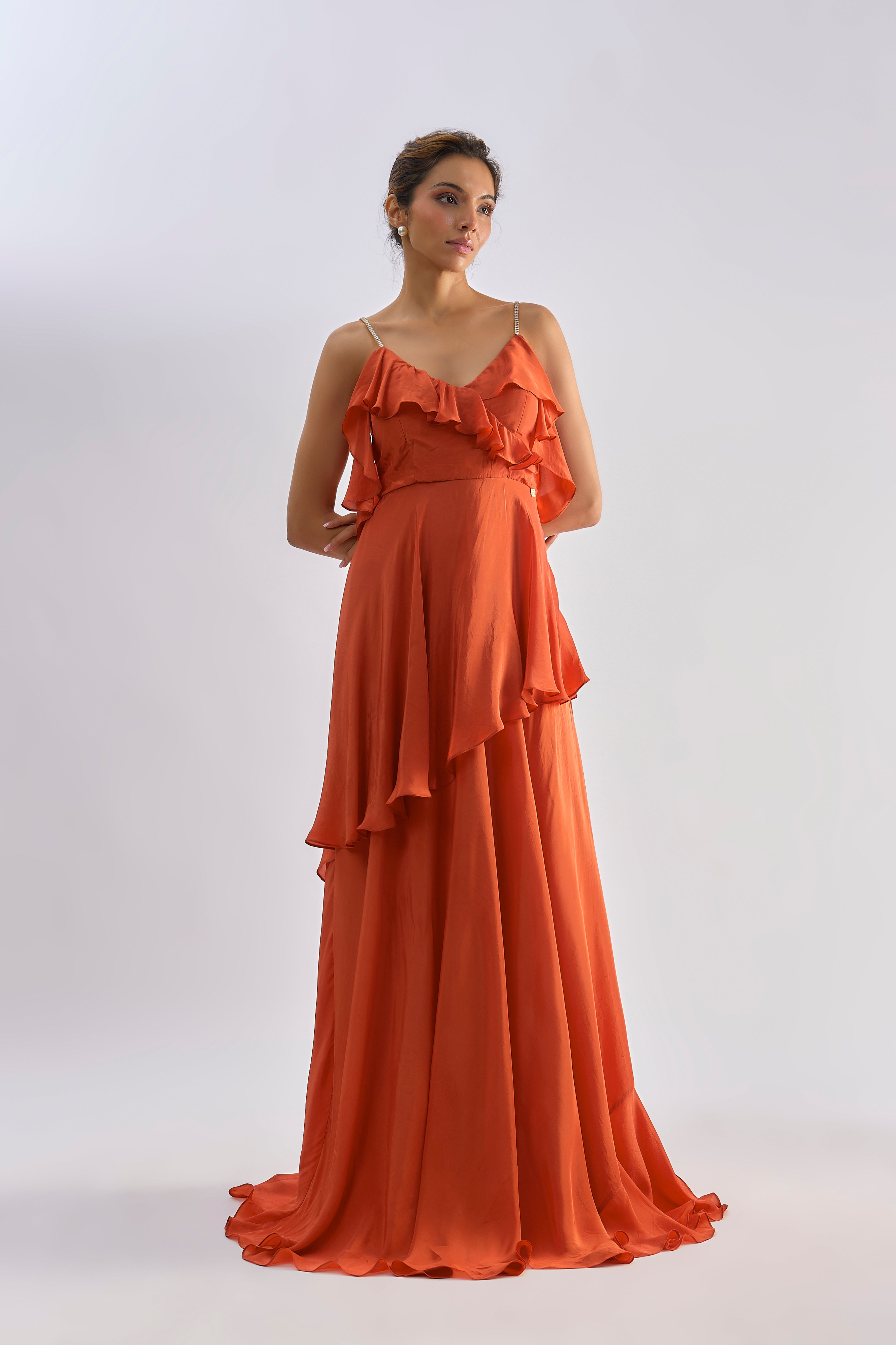 Rust embellished ruffle slip gown