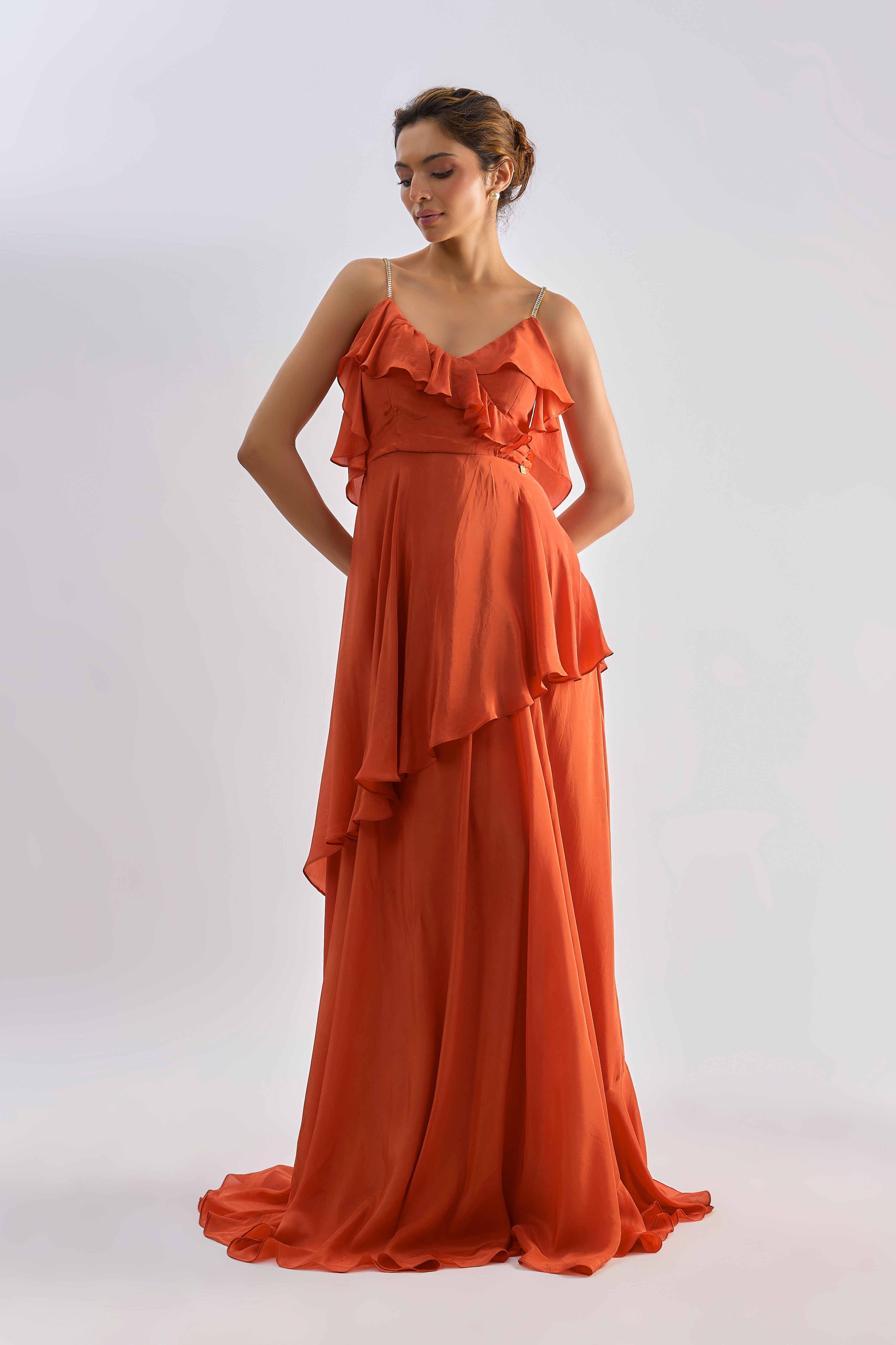 Rust embellished ruffle slip gown