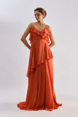 Rust embellished ruffle slip gown
