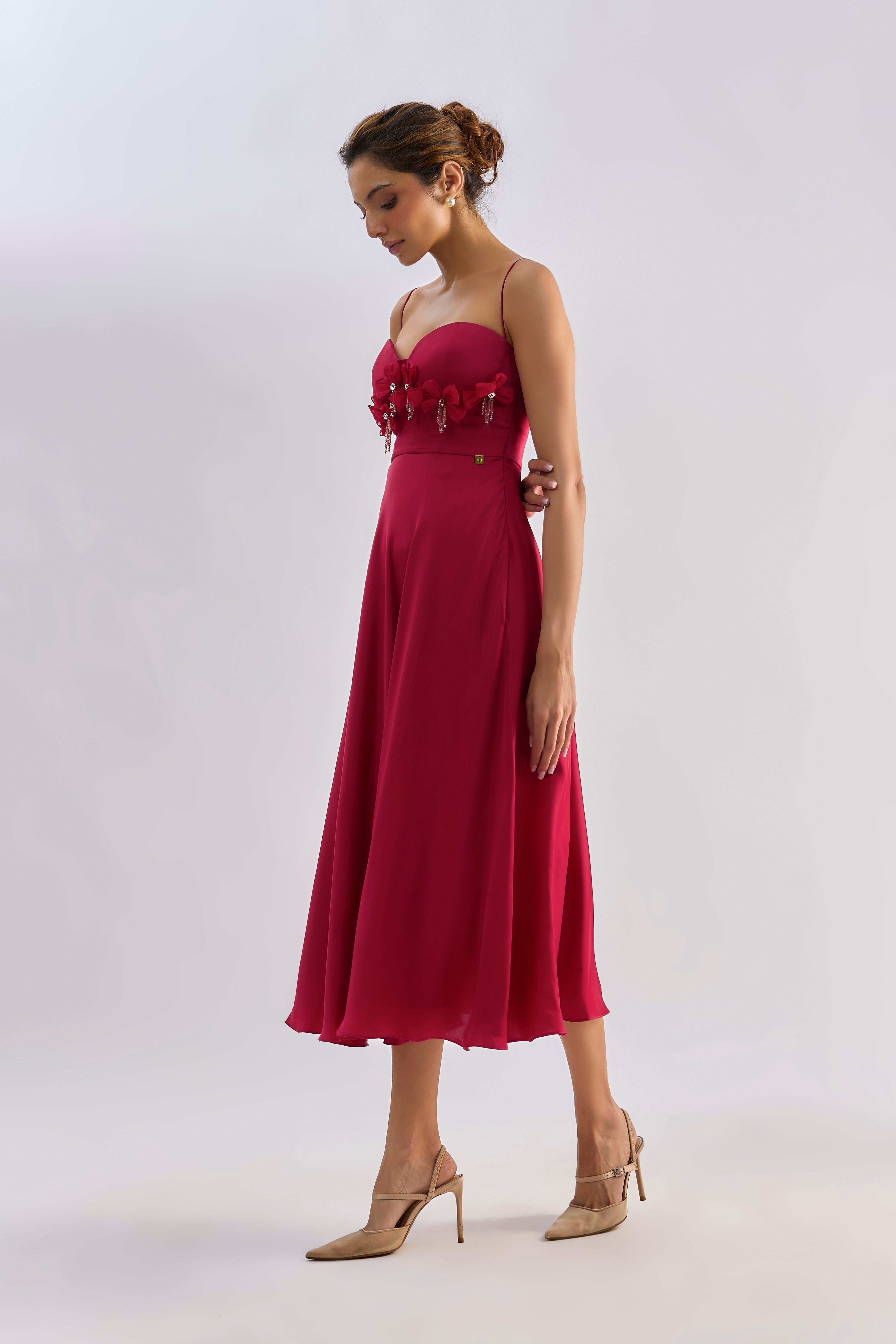 Crimson red embellished bow detailing flayered dress