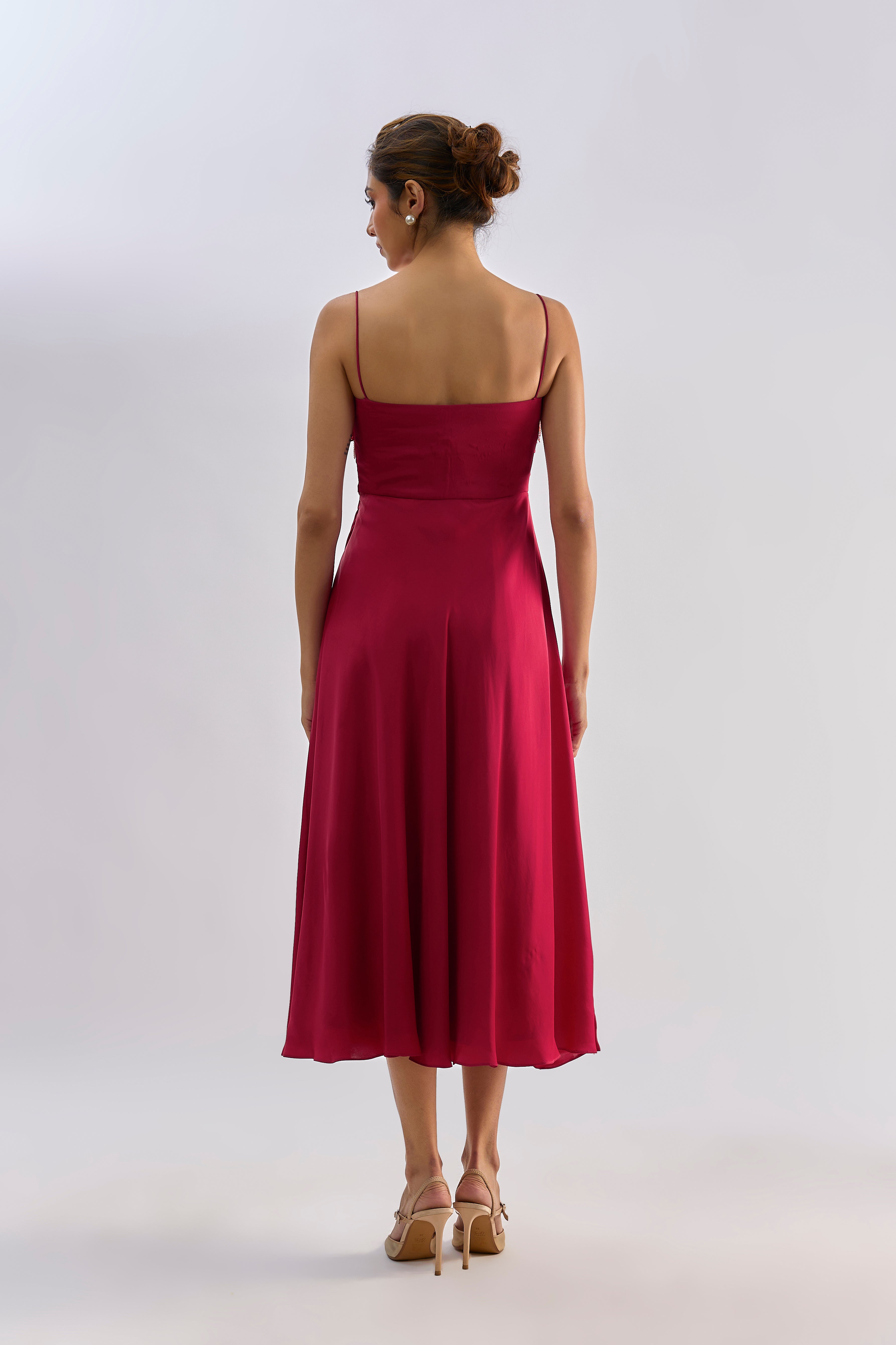 Crimson red embellished bow detailing flayered dress