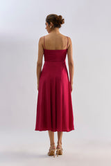 Crimson red embellished bow detailing flayered dress
