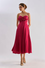 Crimson red embellished bow detailing flayered dress