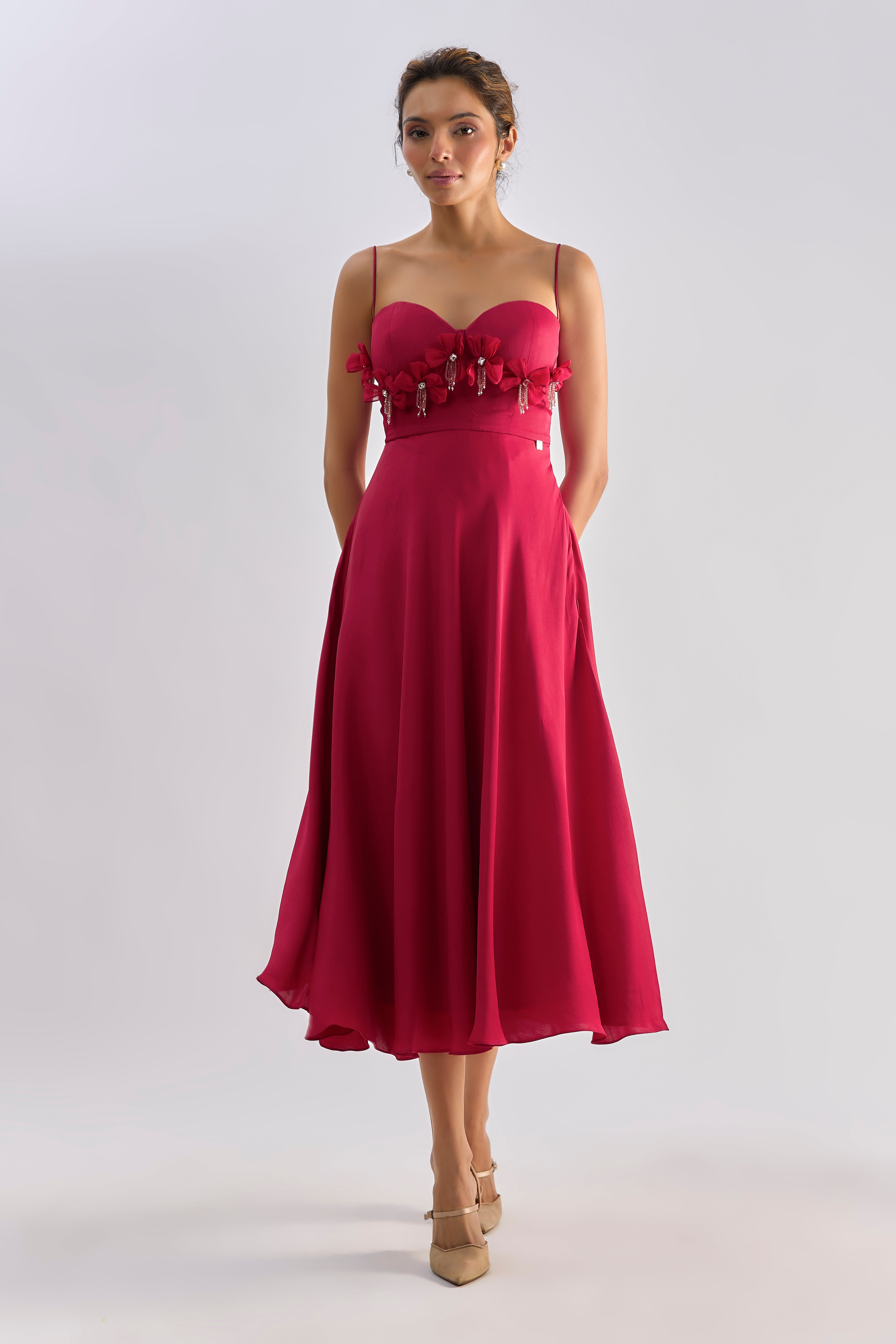 Crimson red embellished bow detailing flayered dress