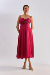 Crimson red embellished bow detailing flayered dress