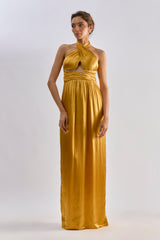 Golden satin embellished halter neck dress