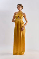 Golden satin embellished halter neck dress