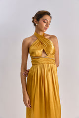 Golden satin embellished halter neck dress