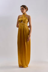 Golden satin embellished halter neck dress