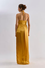 Golden satin embellished halter neck dress