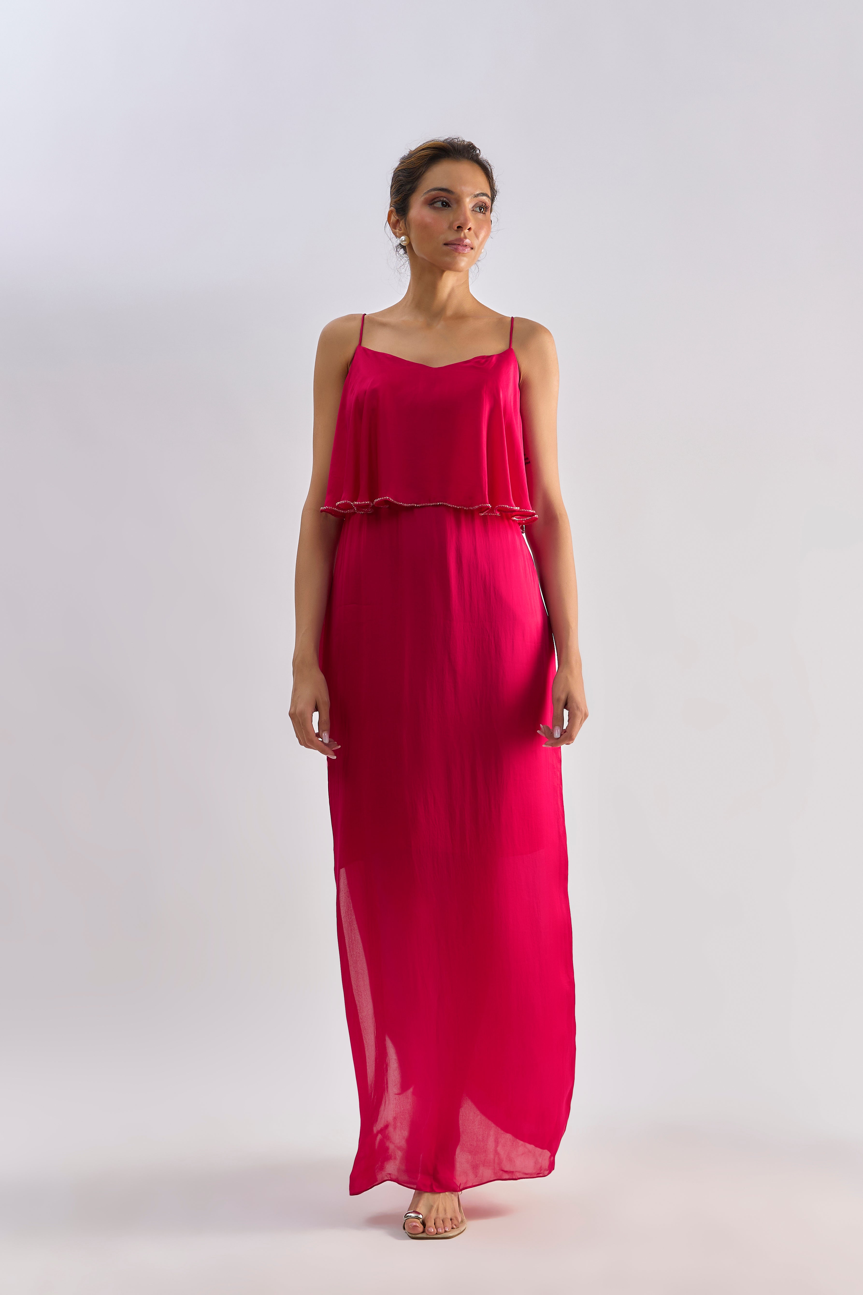 Hot pink layered embellished slip dress