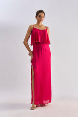Hot pink layered embellished slip dress
