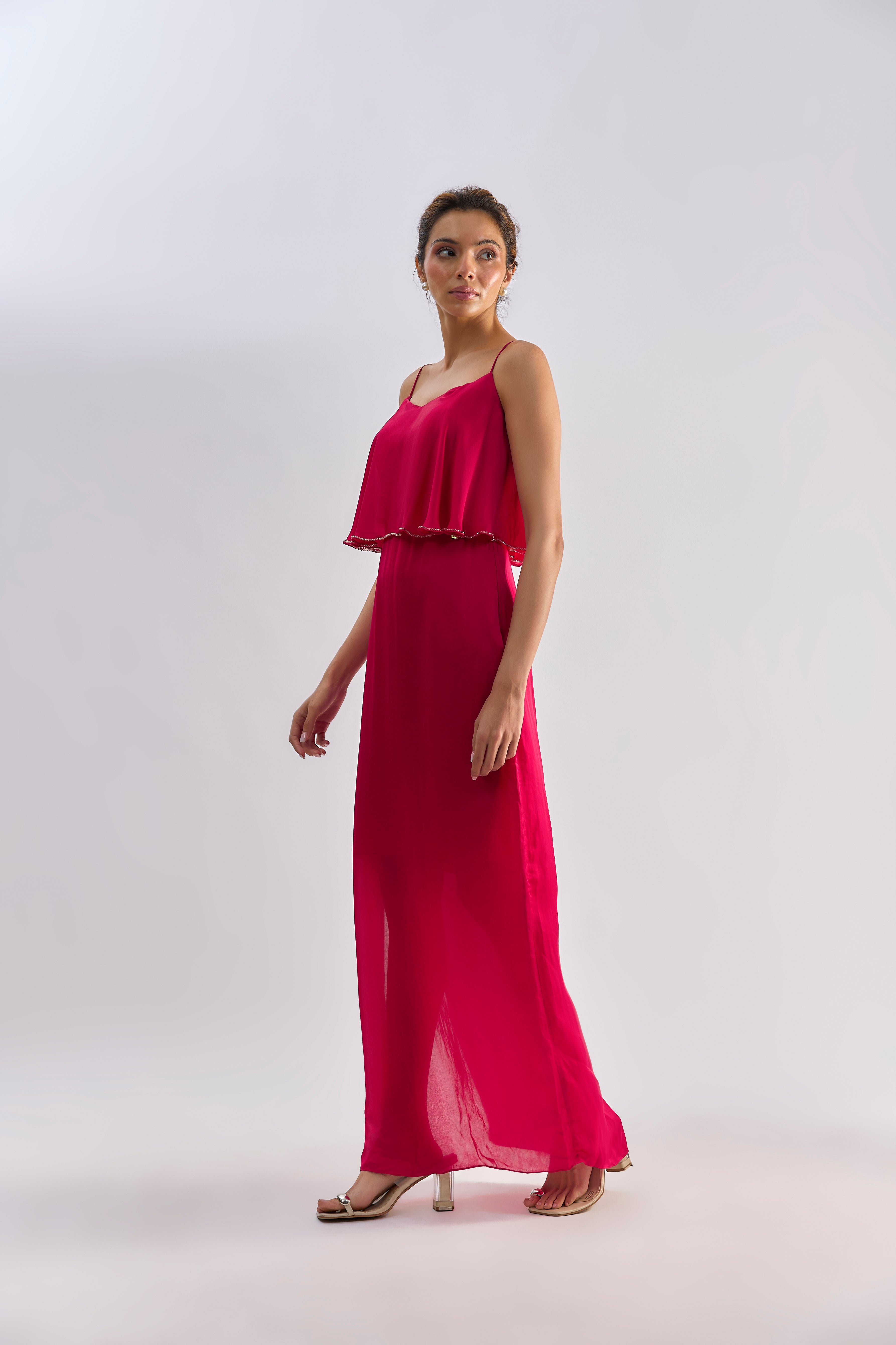 Hot pink layered embellished slip dress