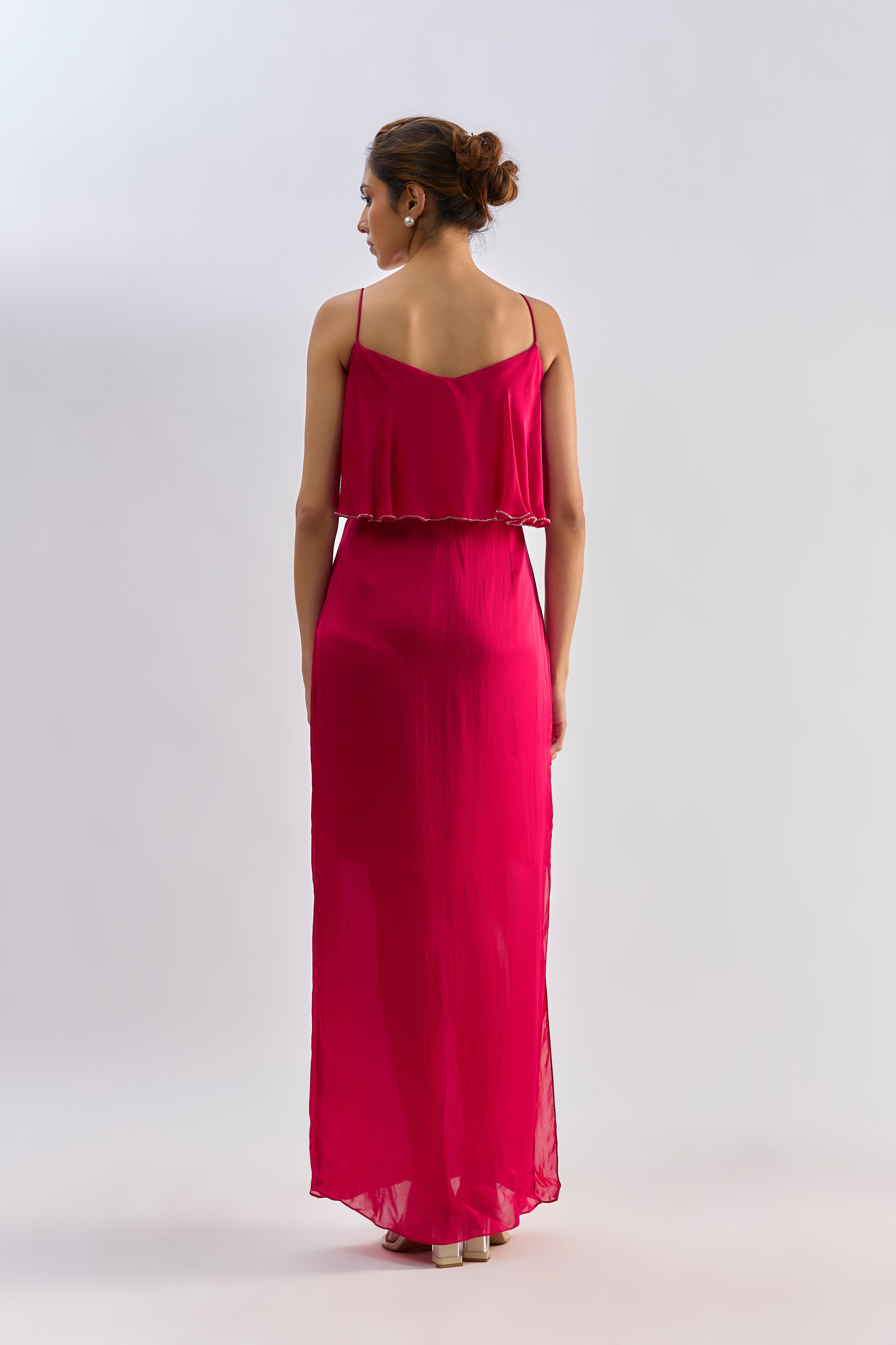 Hot pink layered embellished slip dress