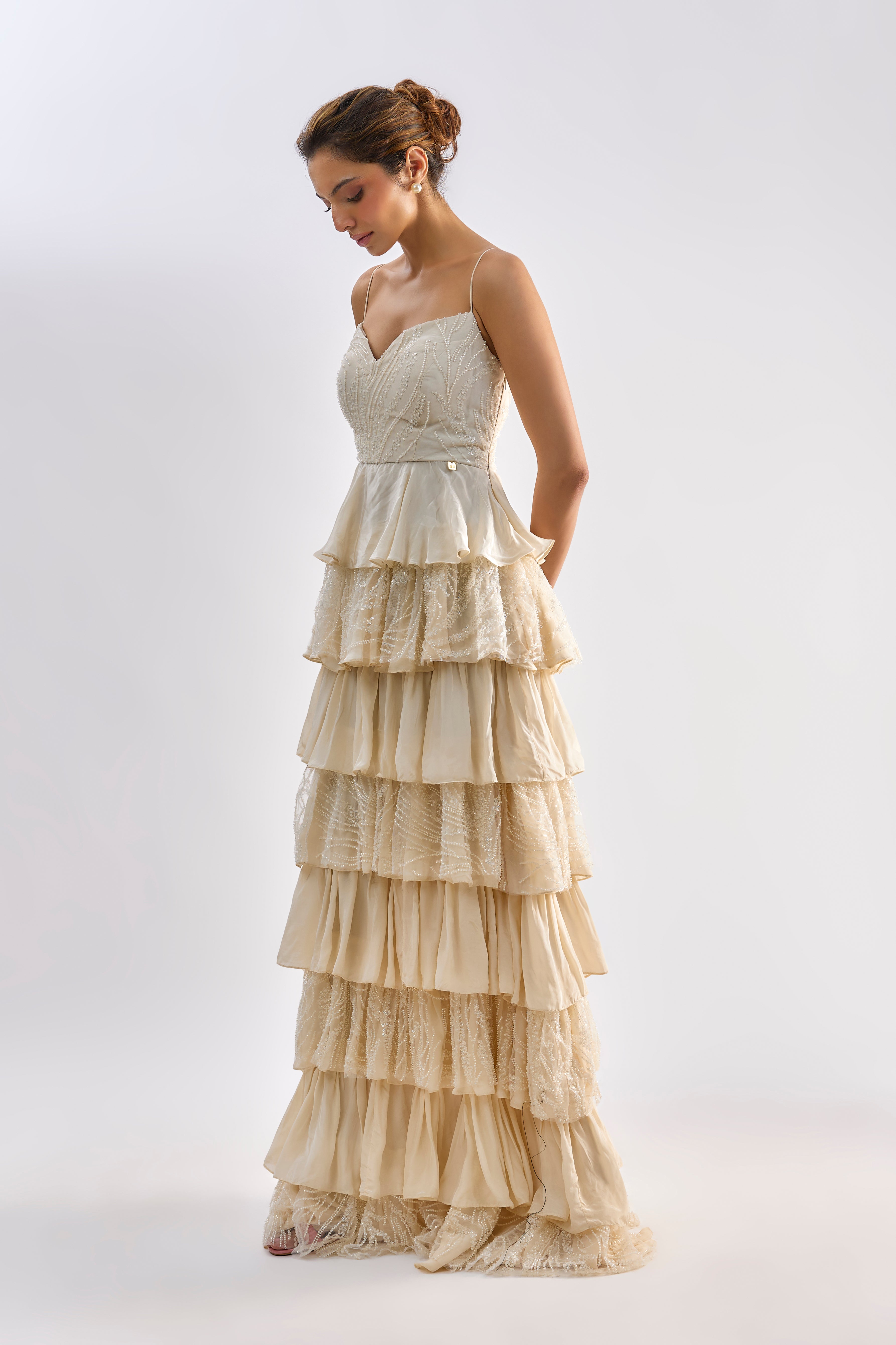 Beige Ruffle Embellished gown