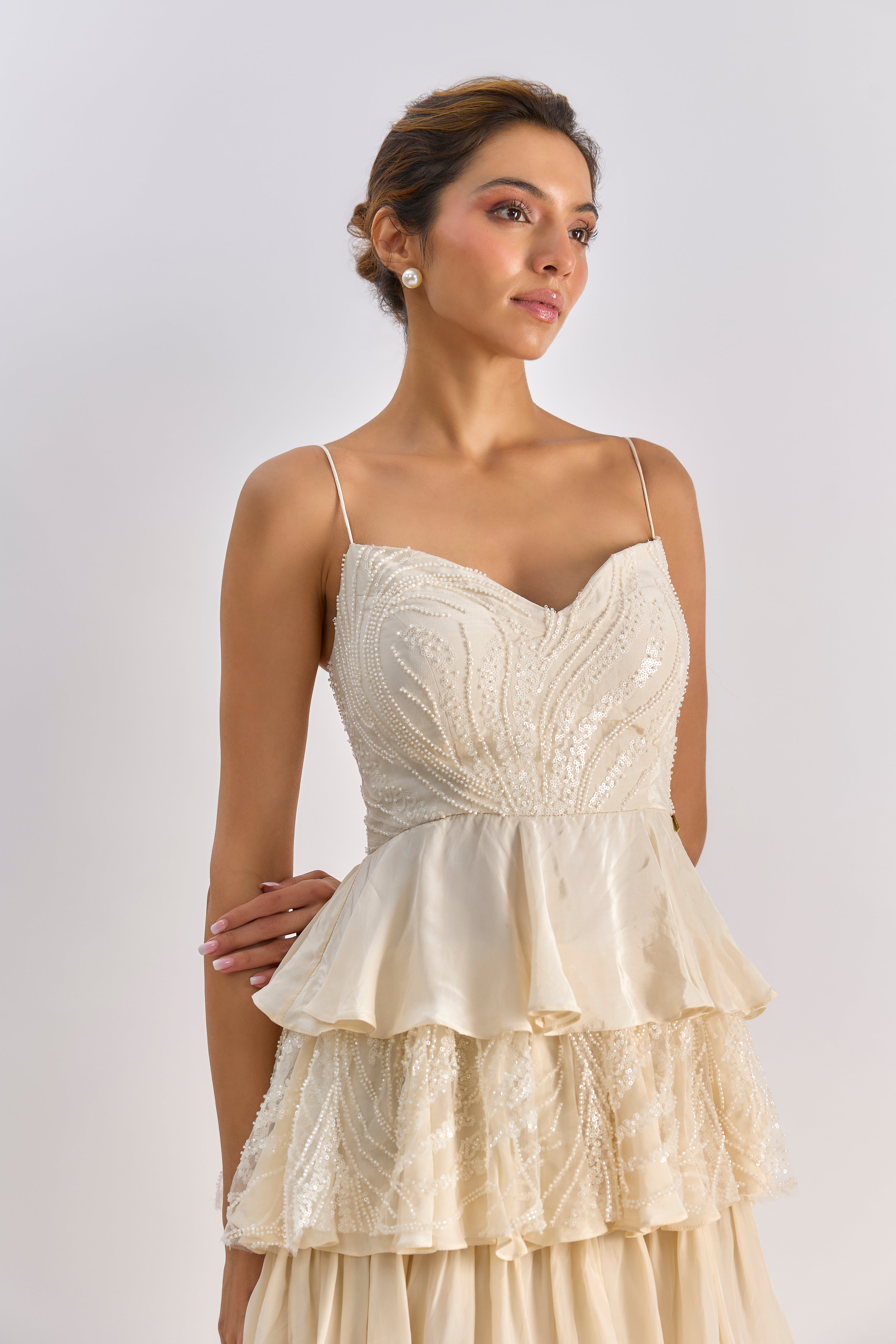 Beige Ruffle Embellished gown
