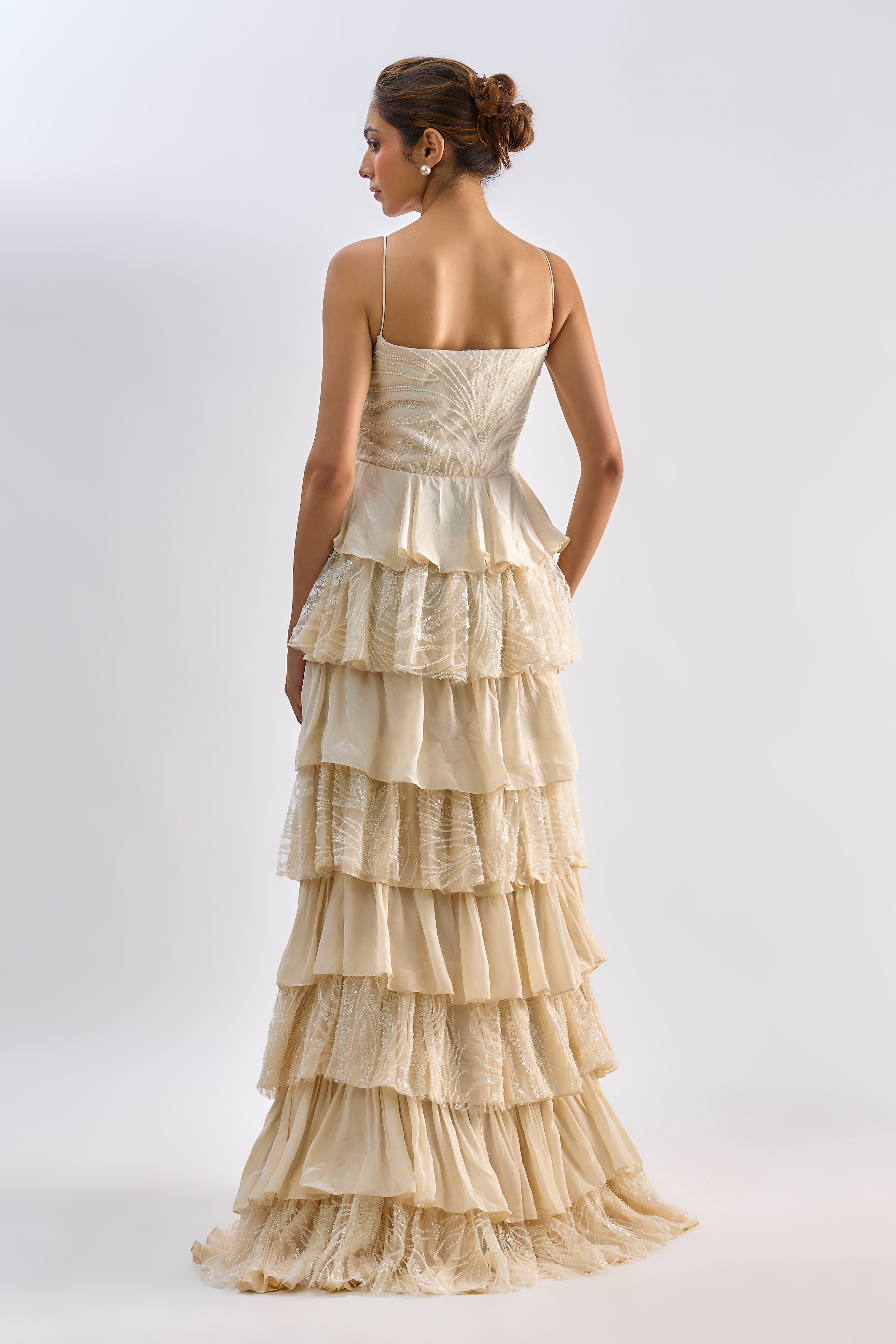 Beige Ruffle Embellished gown