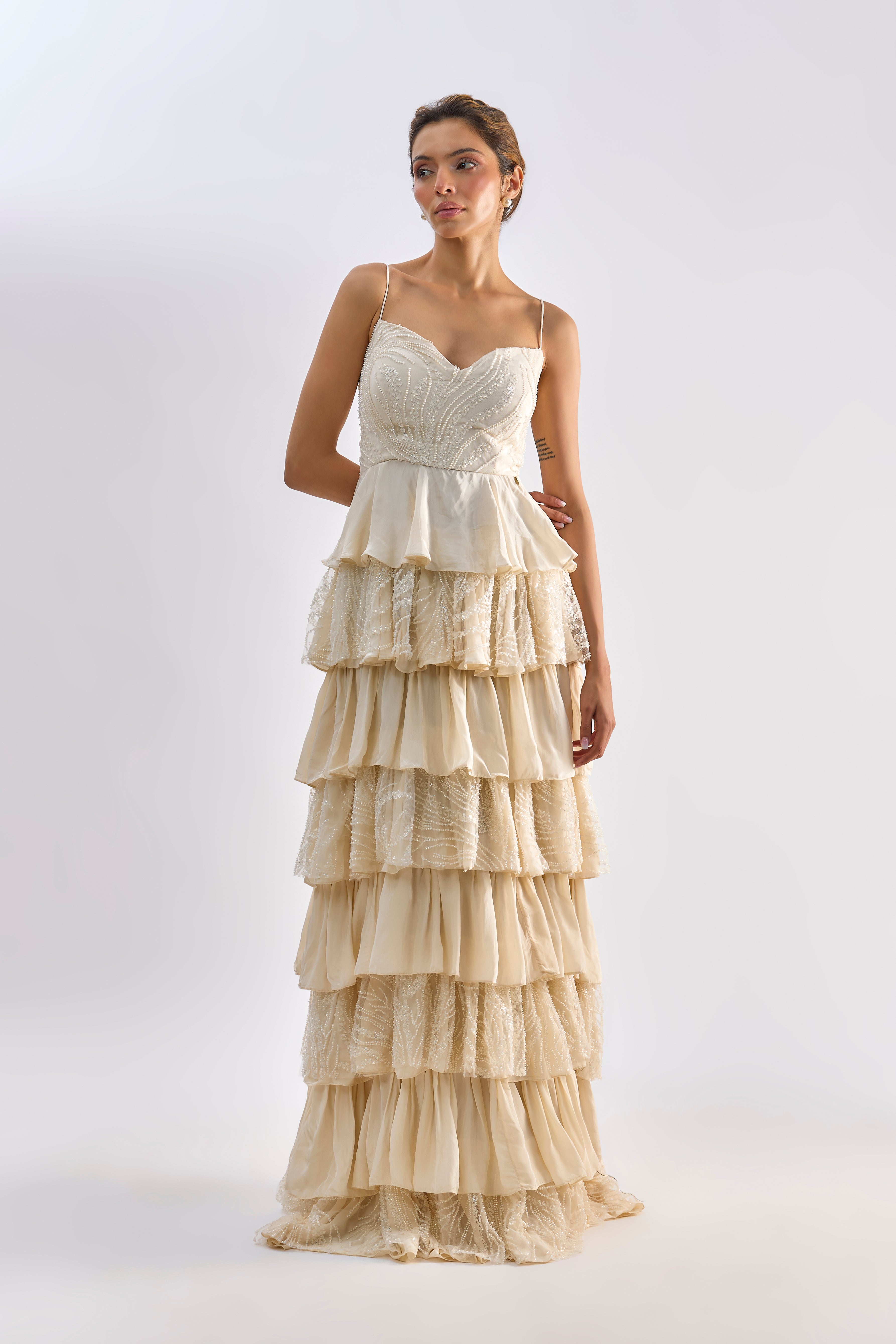 Beige Ruffle Embellished gown