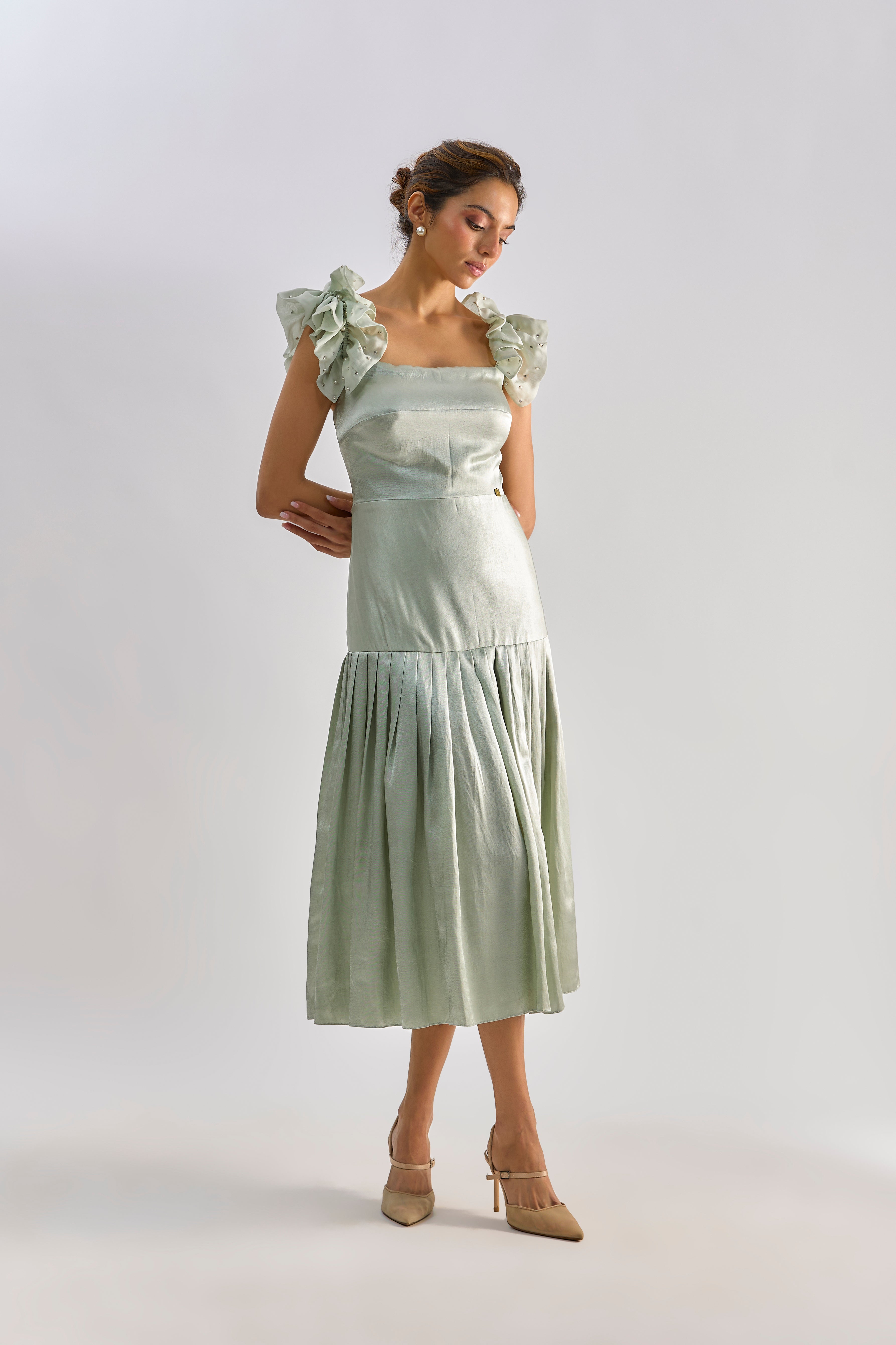 Sage green embellished bow detailing dress