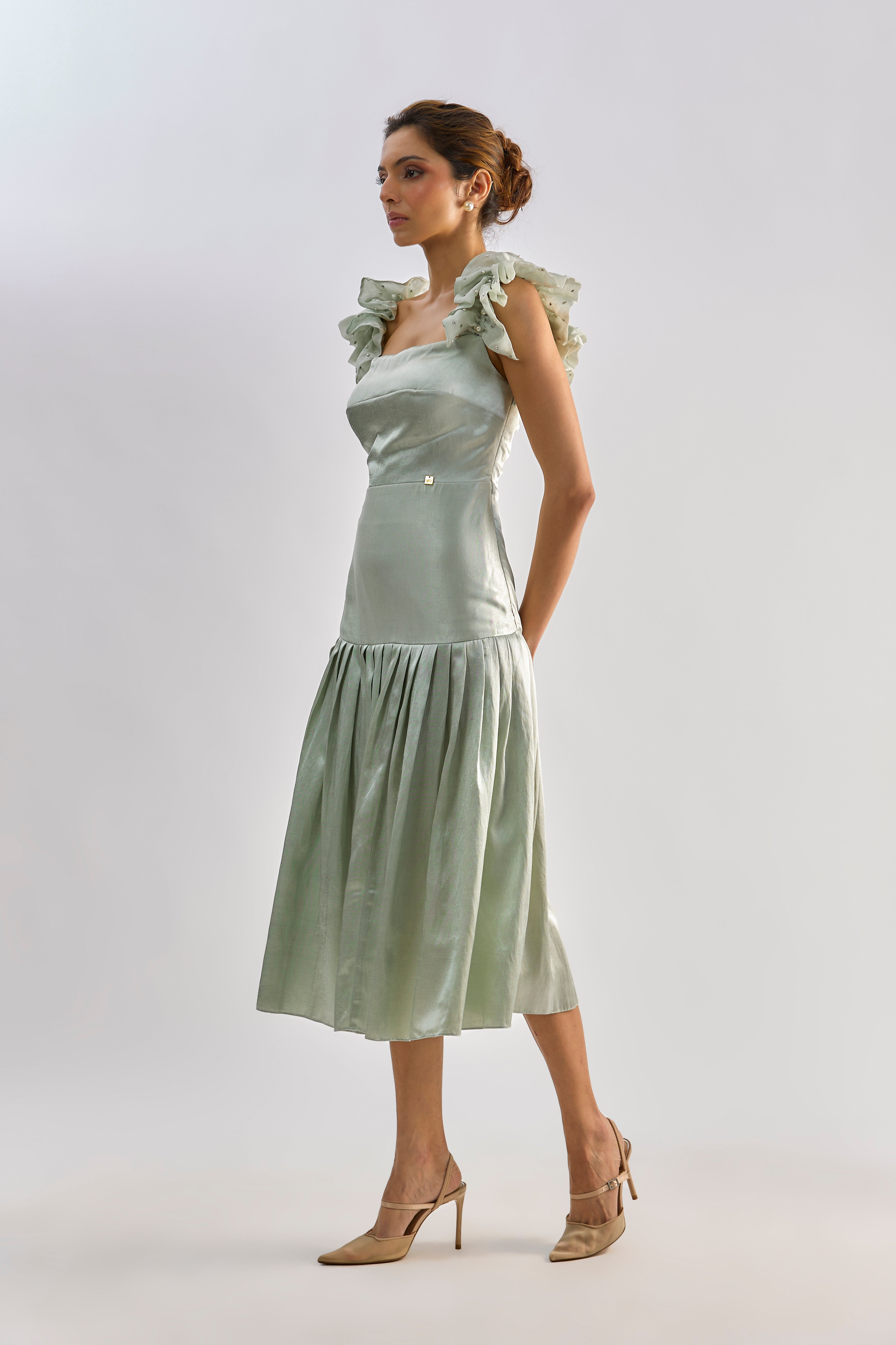 Sage green embellished bow detailing dress