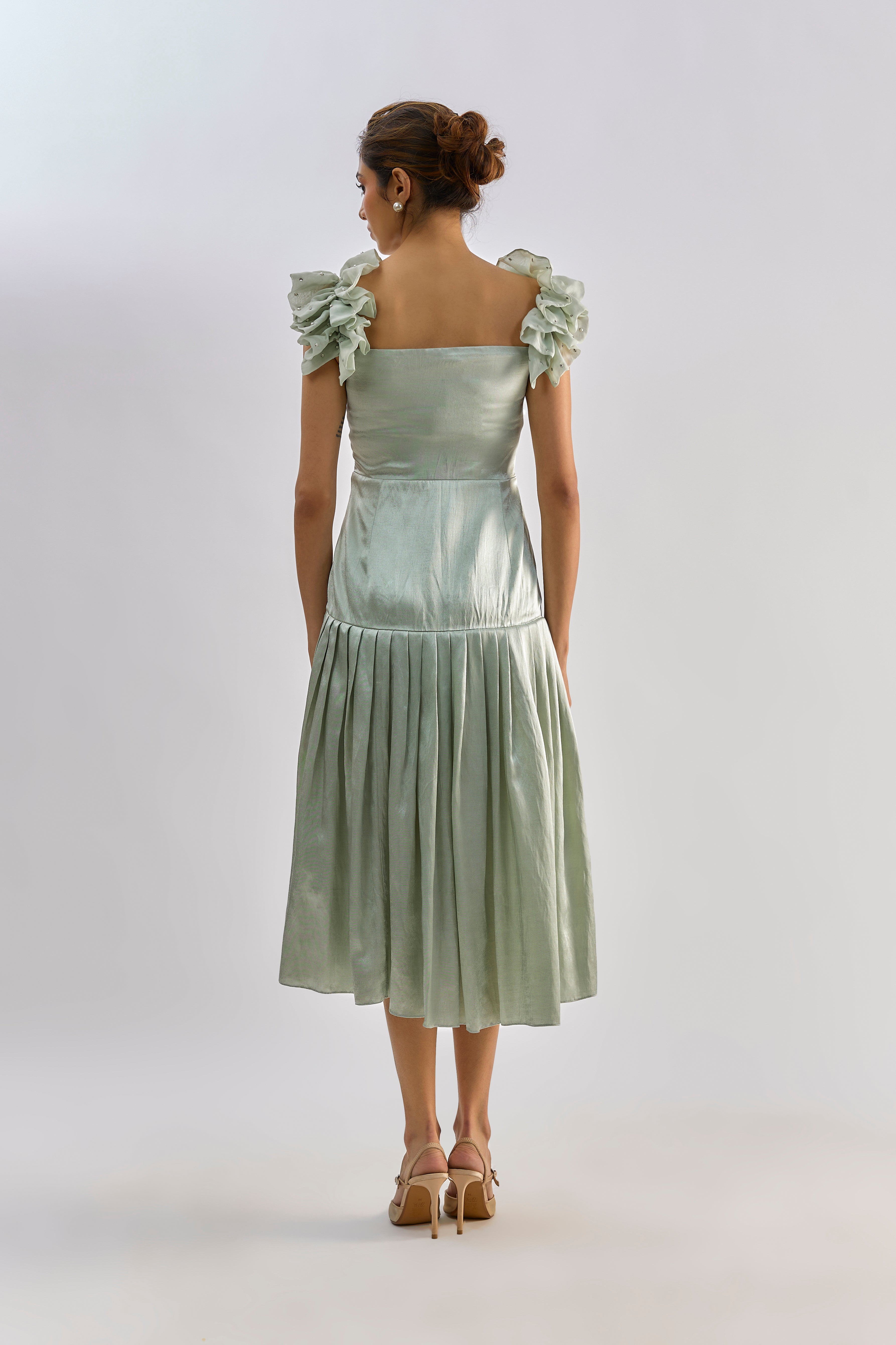 Sage green embellished bow detailing dress
