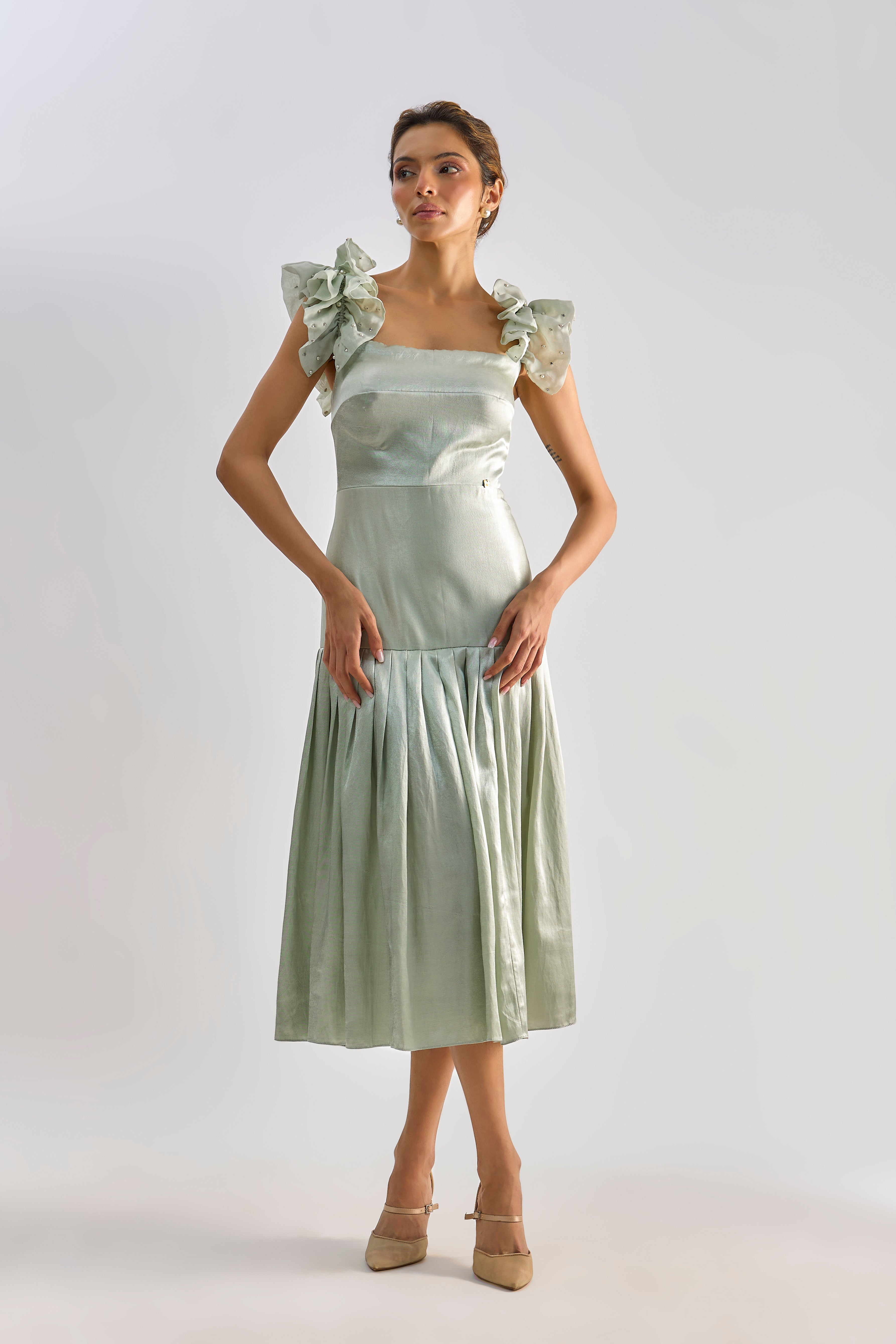 Sage green embellished bow detailing dress
