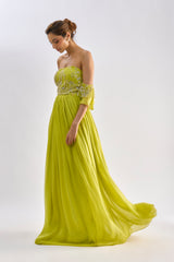 Neon green embellished gown with drop sleeves