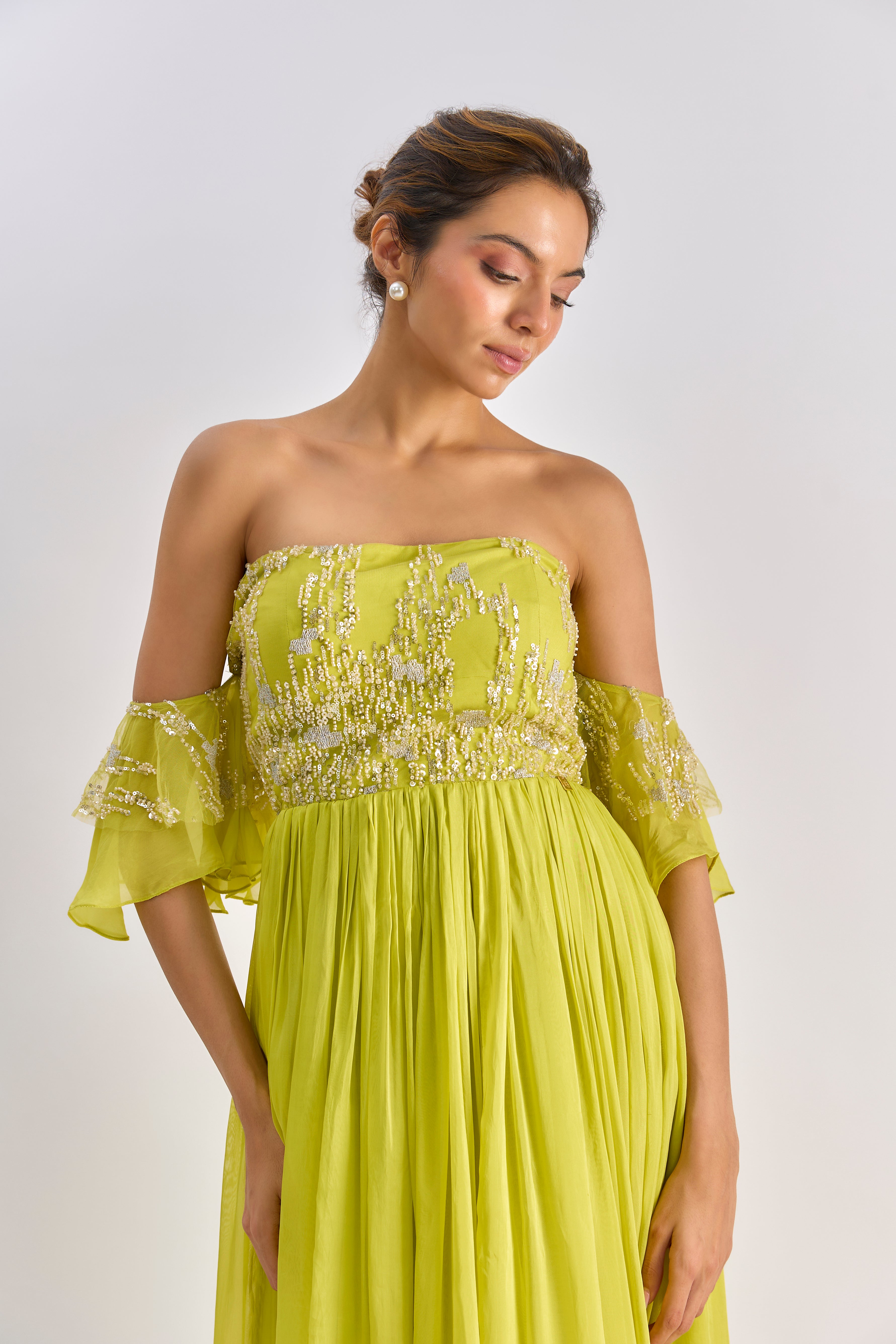 Neon green embellished gown with drop sleeves