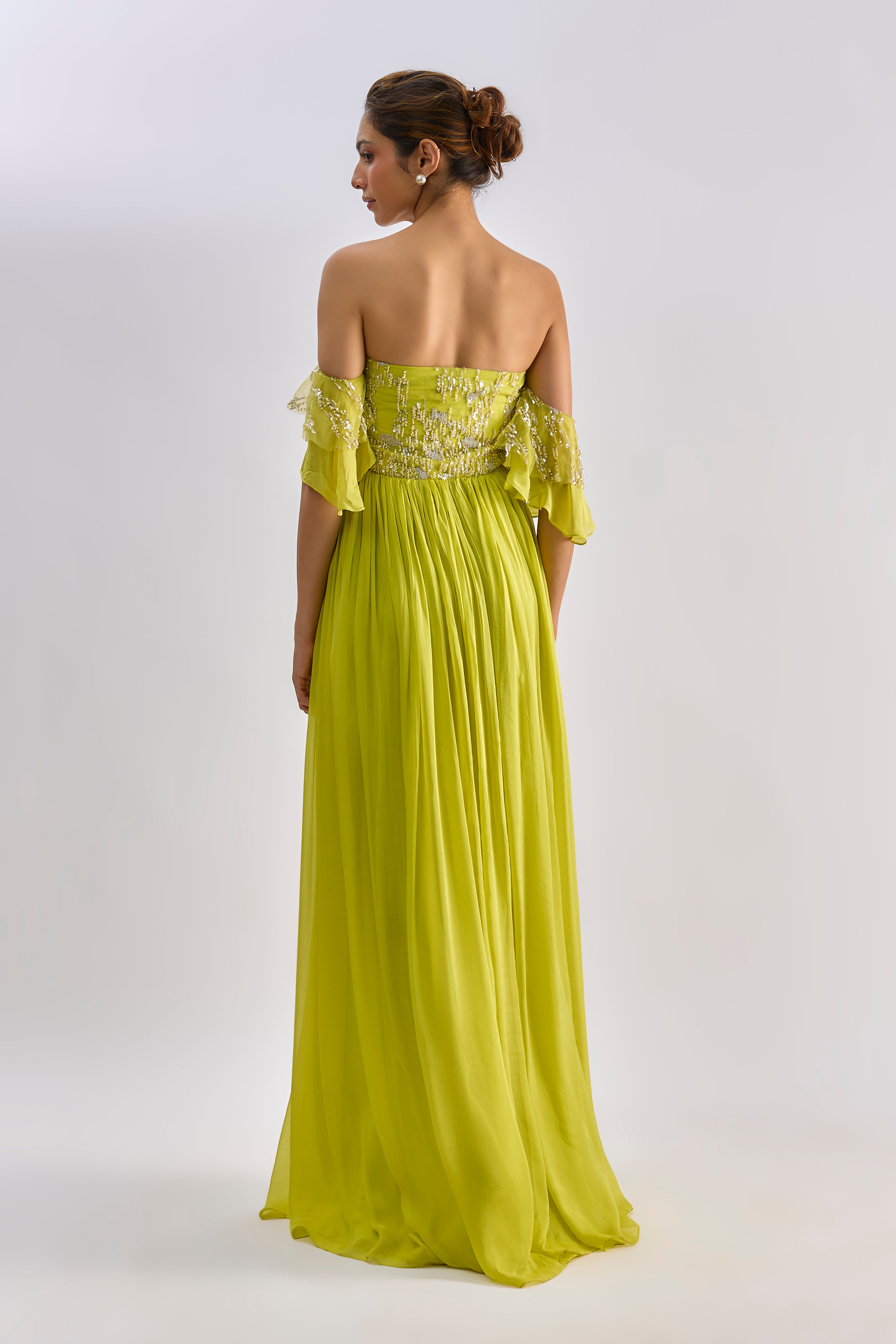 Neon green embellished gown with drop sleeves