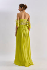 Neon green embellished gown with drop sleeves