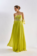 Neon green embellished gown with drop sleeves
