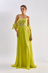 Neon green embellished gown with drop sleeves