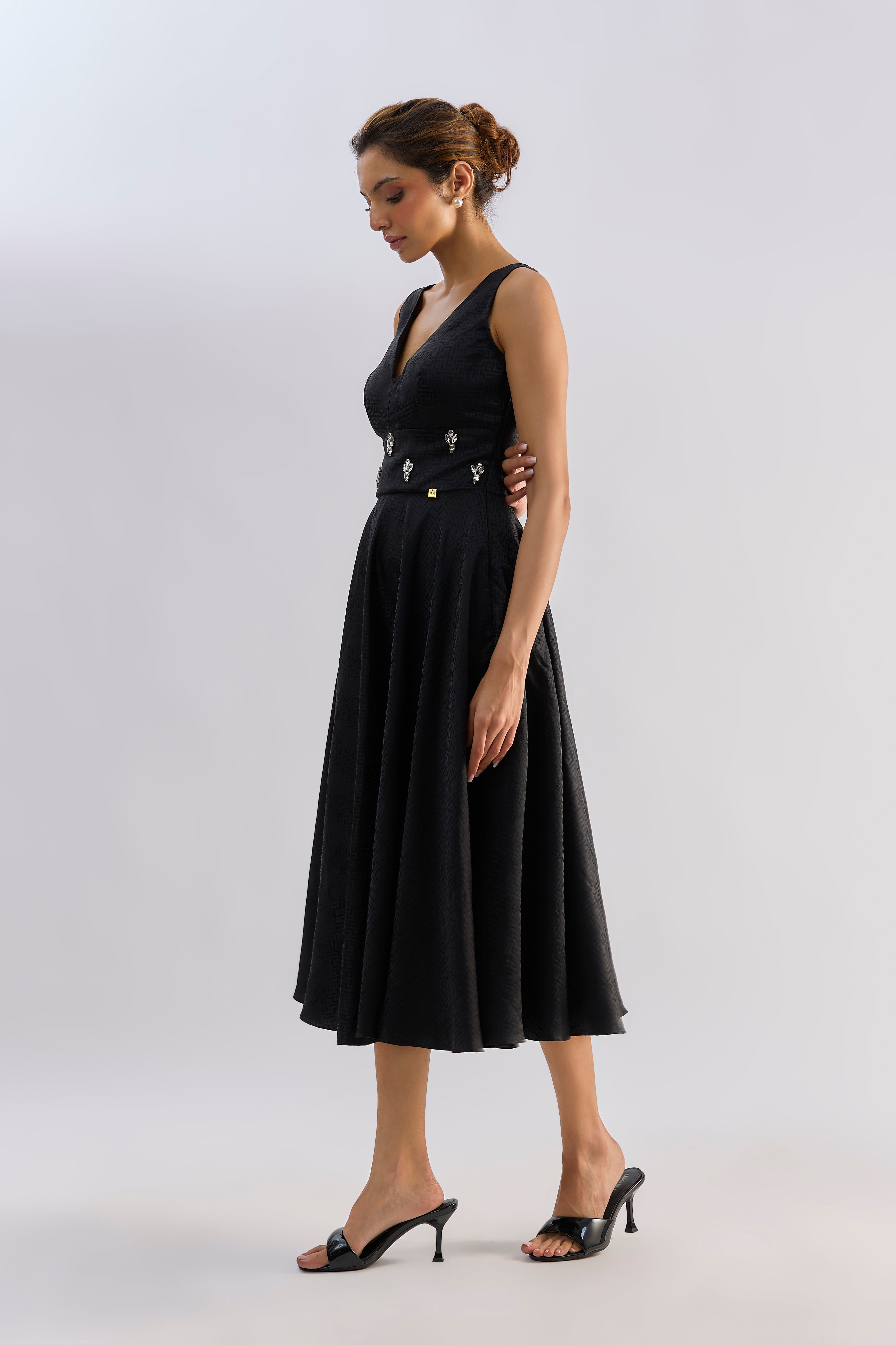 Black textured embellished brocade flayered dress