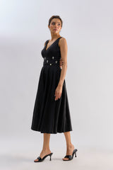 Black textured embellished brocade flayered dress