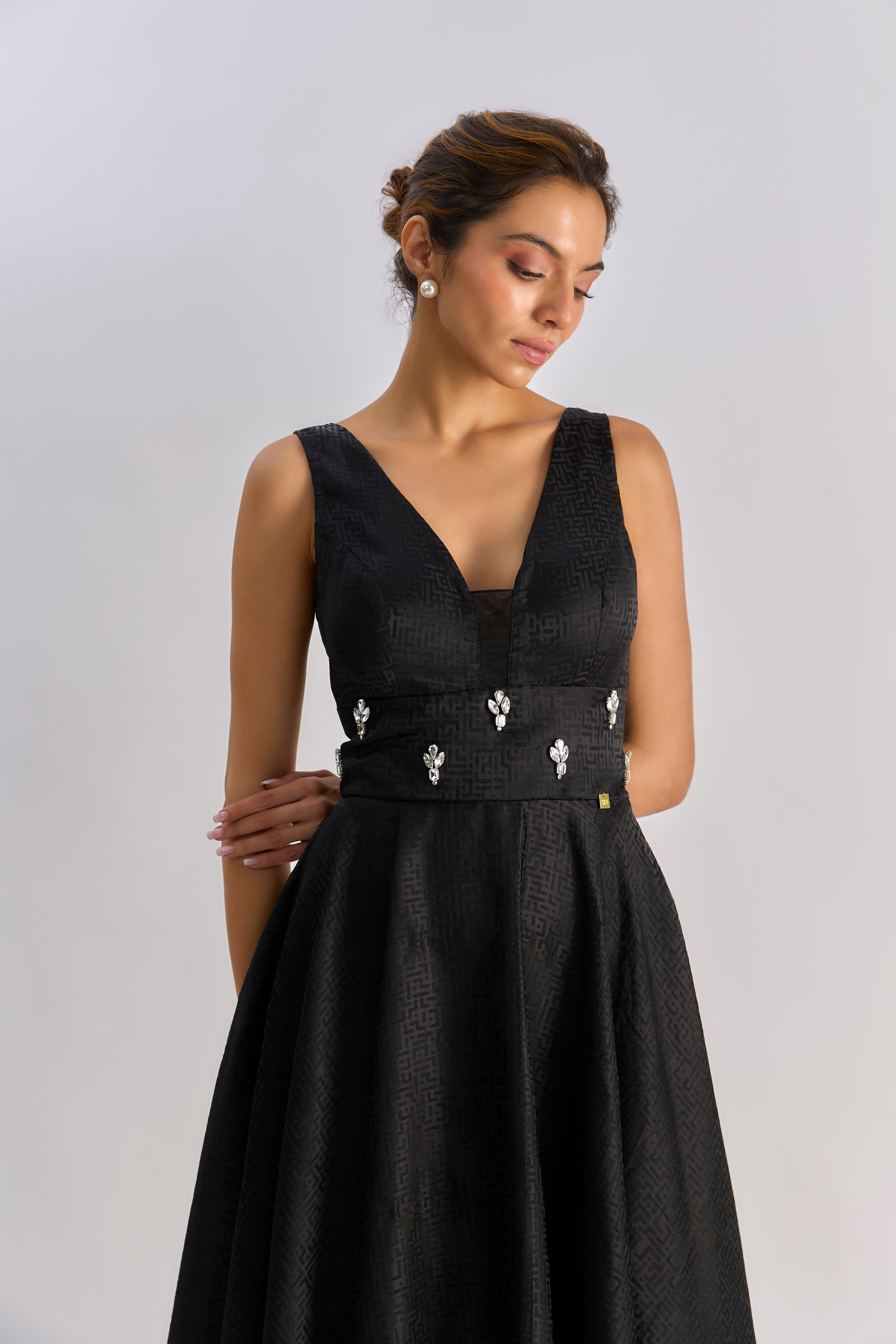 Black textured embellished brocade flayered dress