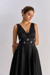 Black textured embellished brocade flayered dress
