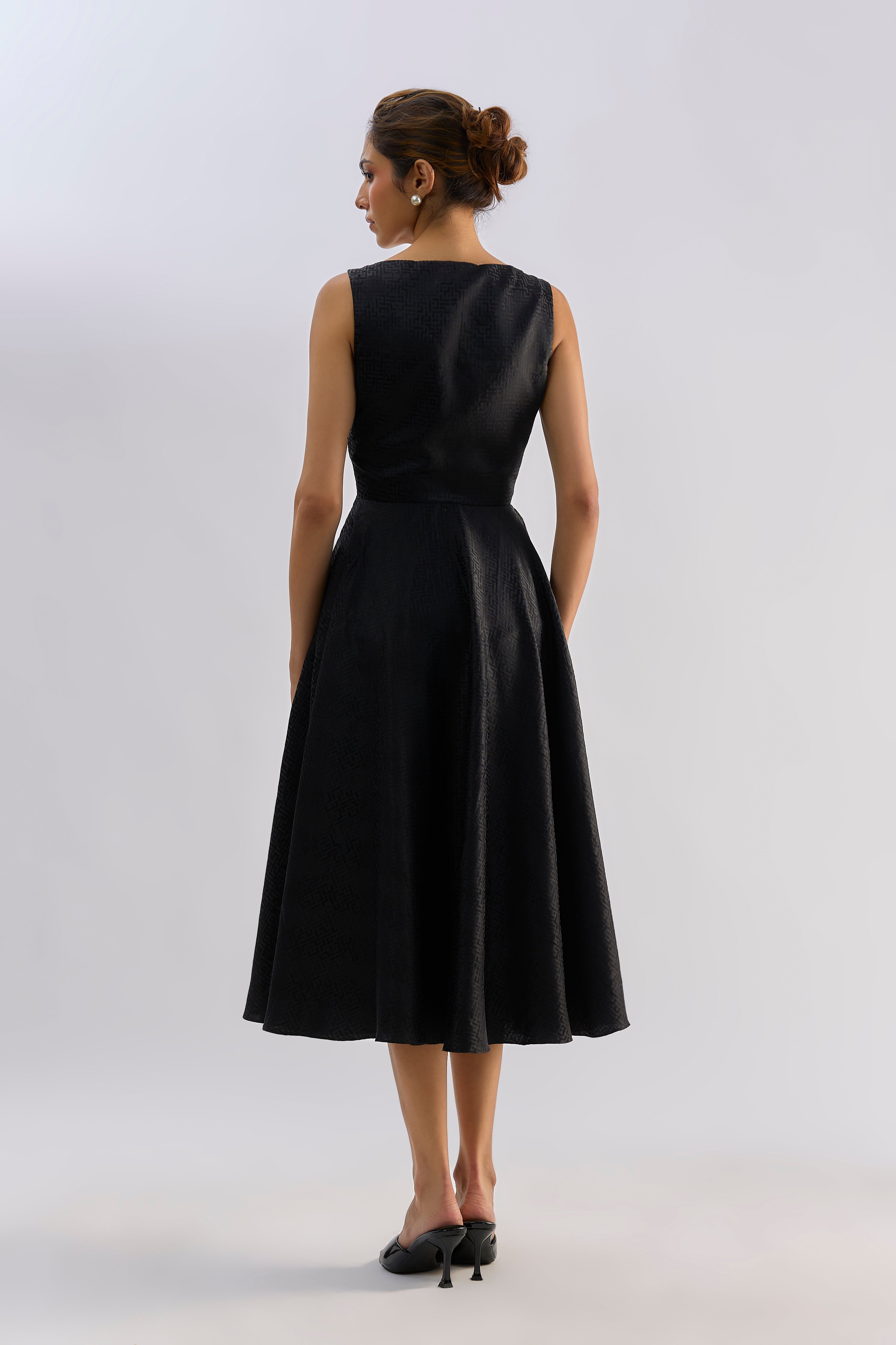 Black textured embellished brocade flayered dress